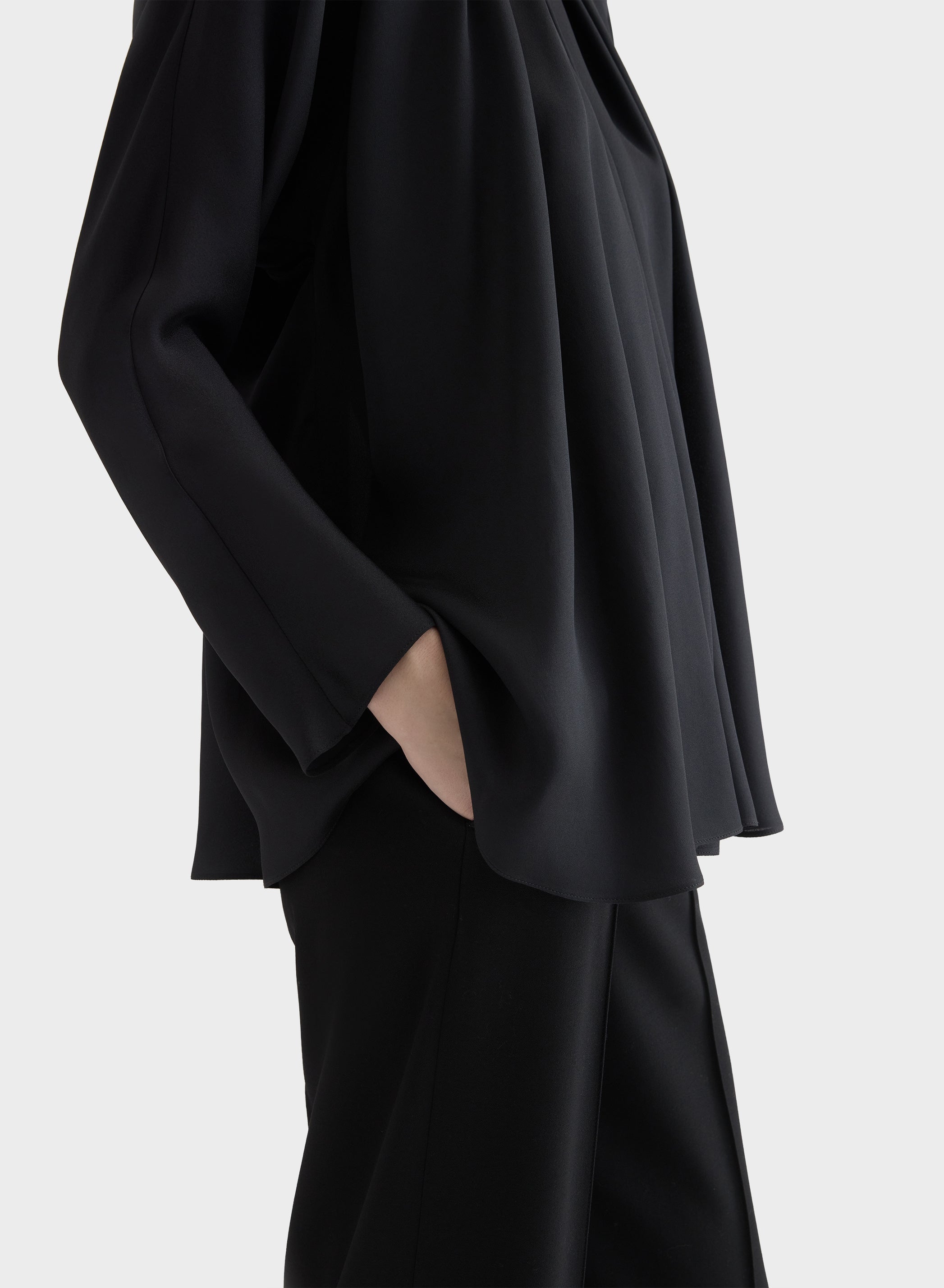 SILK BLEND SABLE HIGH NECK DRAPED BLOUSE BLACK