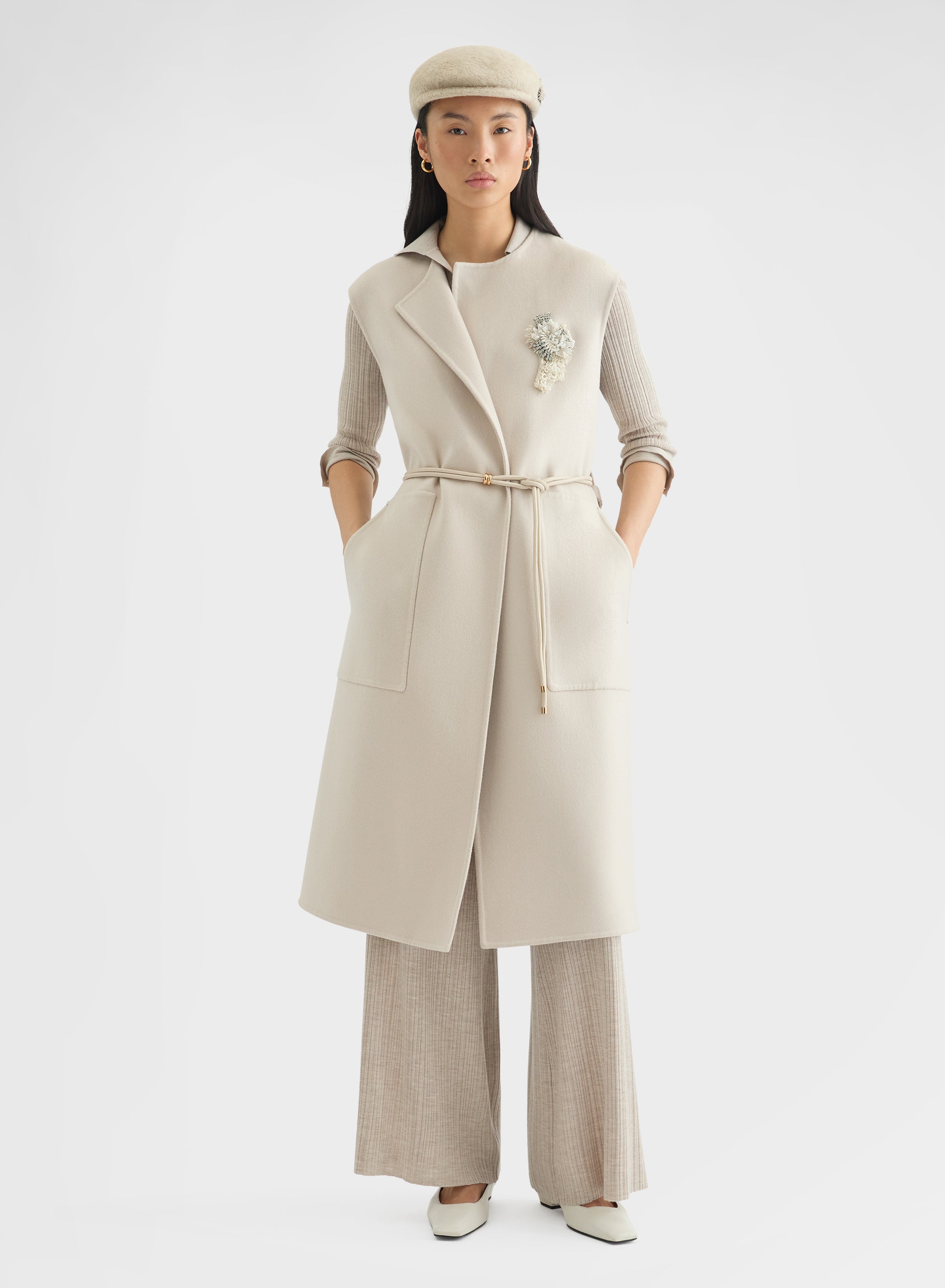 CASHMERE DOUBLE FACE LONG BELTED VEST GREIGE