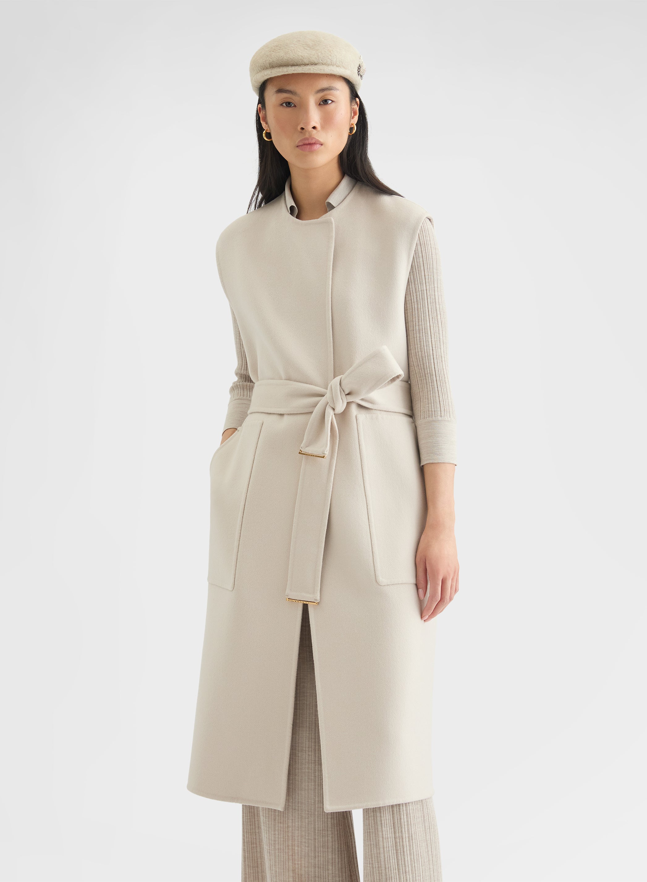 CASHMERE DOUBLE FACE LONG BELTED VEST GREIGE