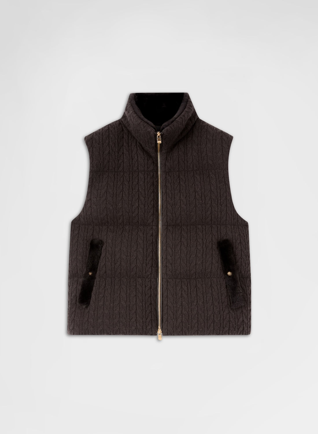 CABLE KNITTED CASHMERE CROPPED PUFFER VEST DARK BROWN
