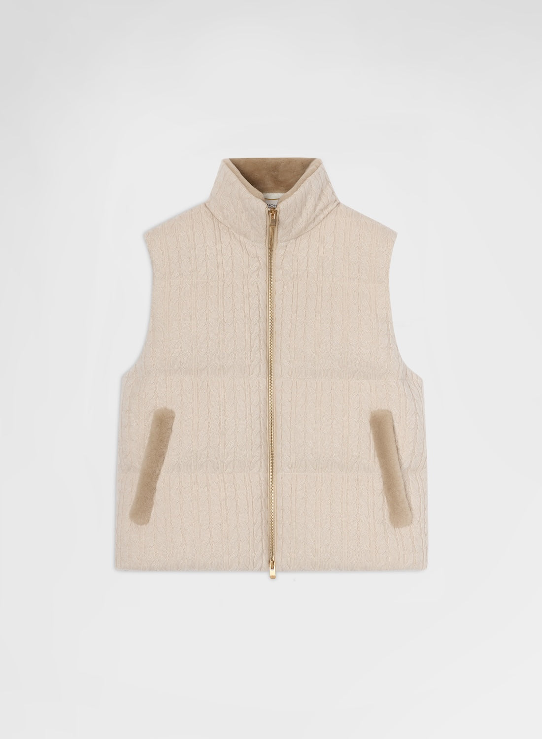 CABLE KNITTED CASHMERE CROPPED PUFFER VEST LIGHT BEIGE