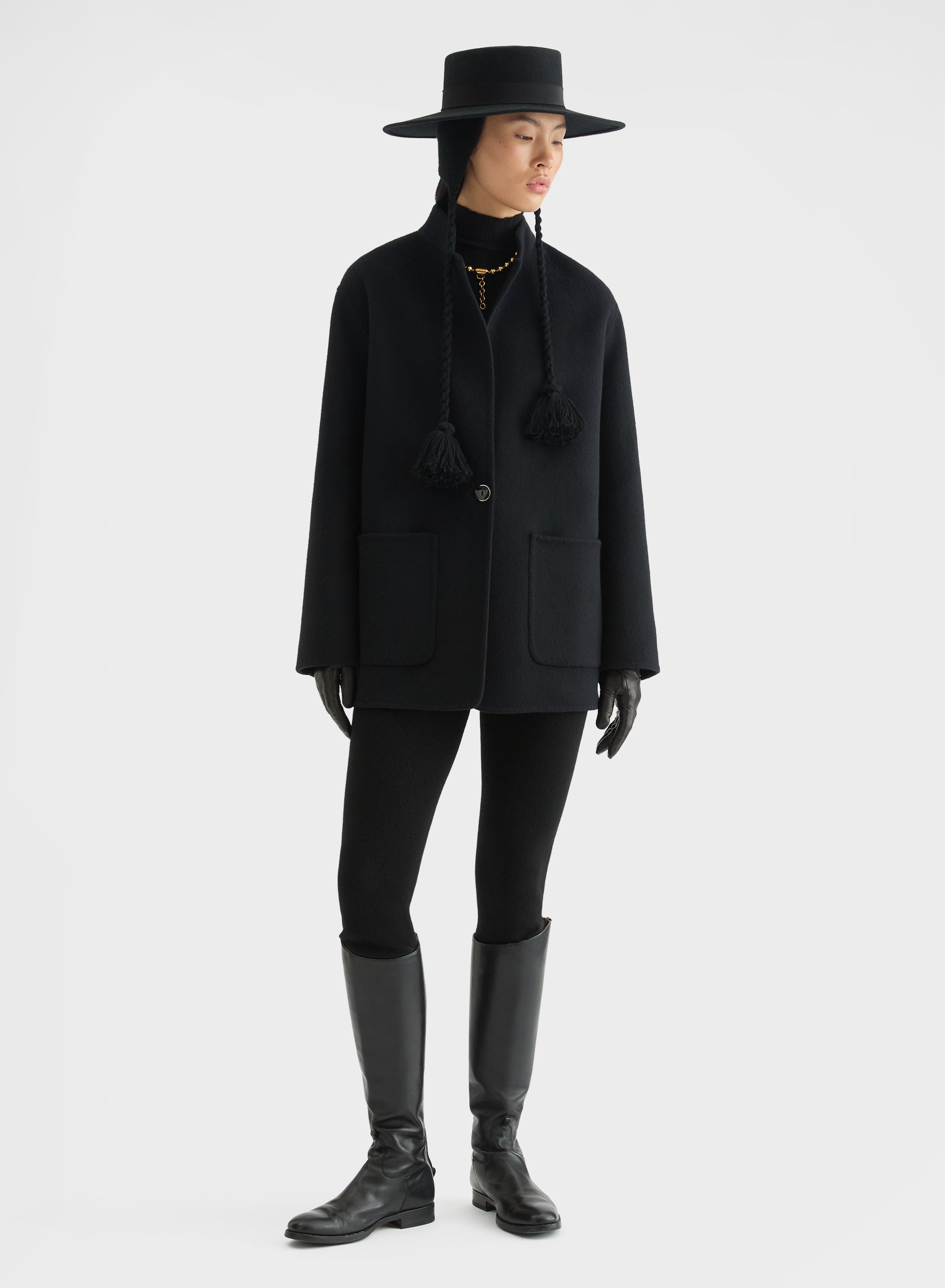MATT CASHMERE DOUBLE FACE HIGH NECK CARDIGAN JACKET BLACK