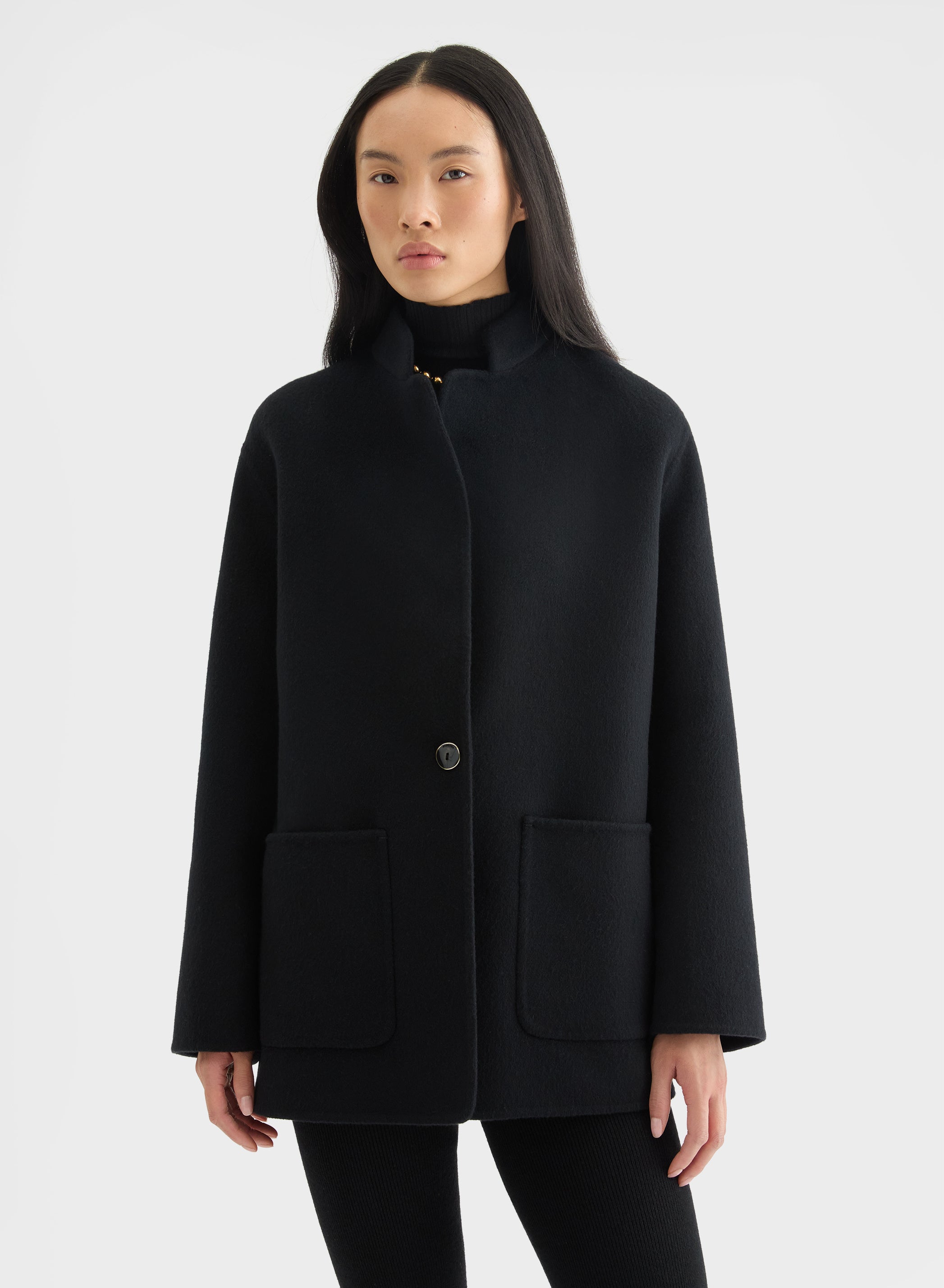 MATT CASHMERE DOUBLE FACE HIGH NECK CARDIGAN JACKET BLACK