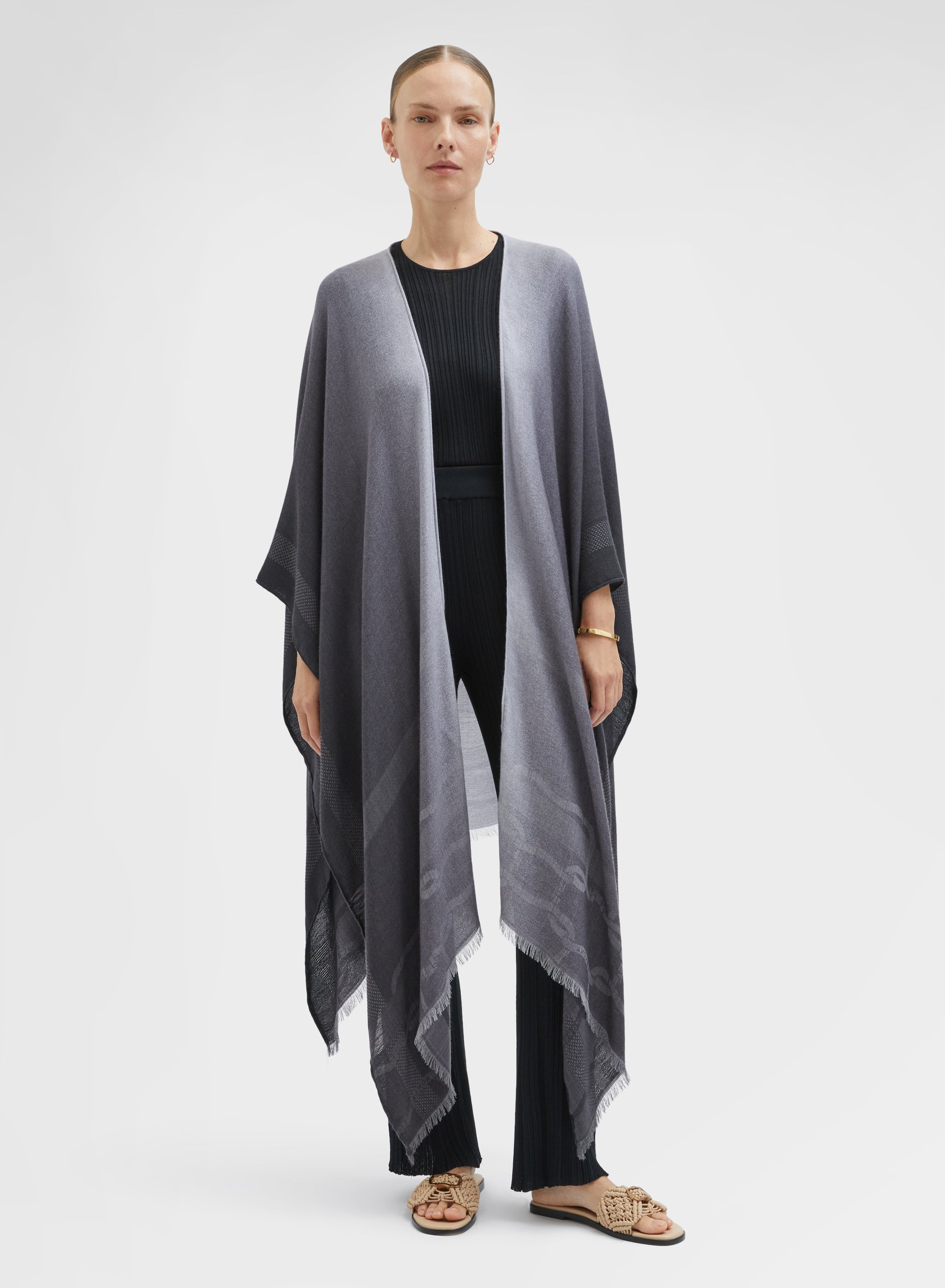 PRINTED WOOL BLEND JACQUARD LONG PONCHO BLACK