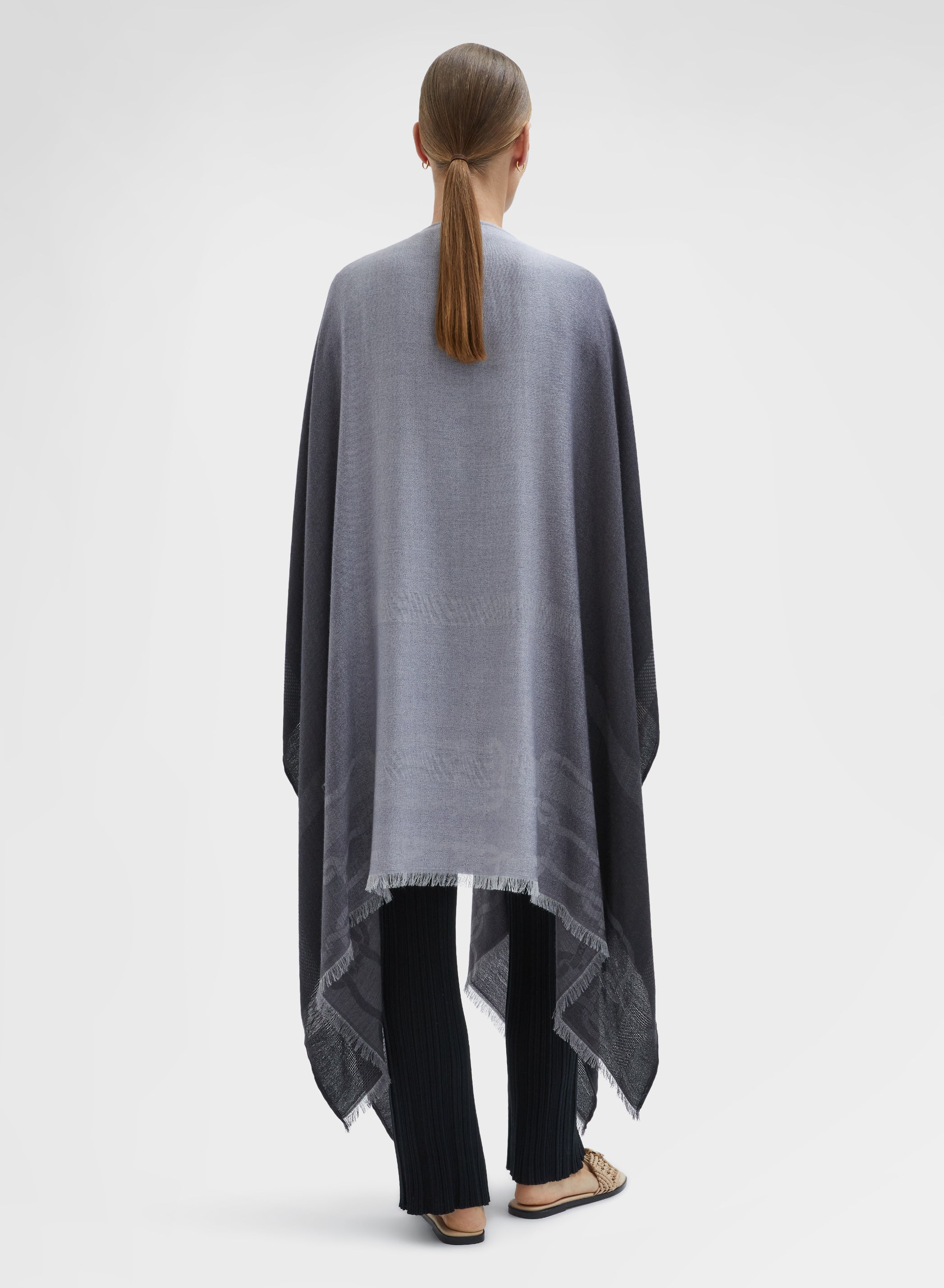 PRINTED WOOL BLEND JACQUARD LONG PONCHO BLACK