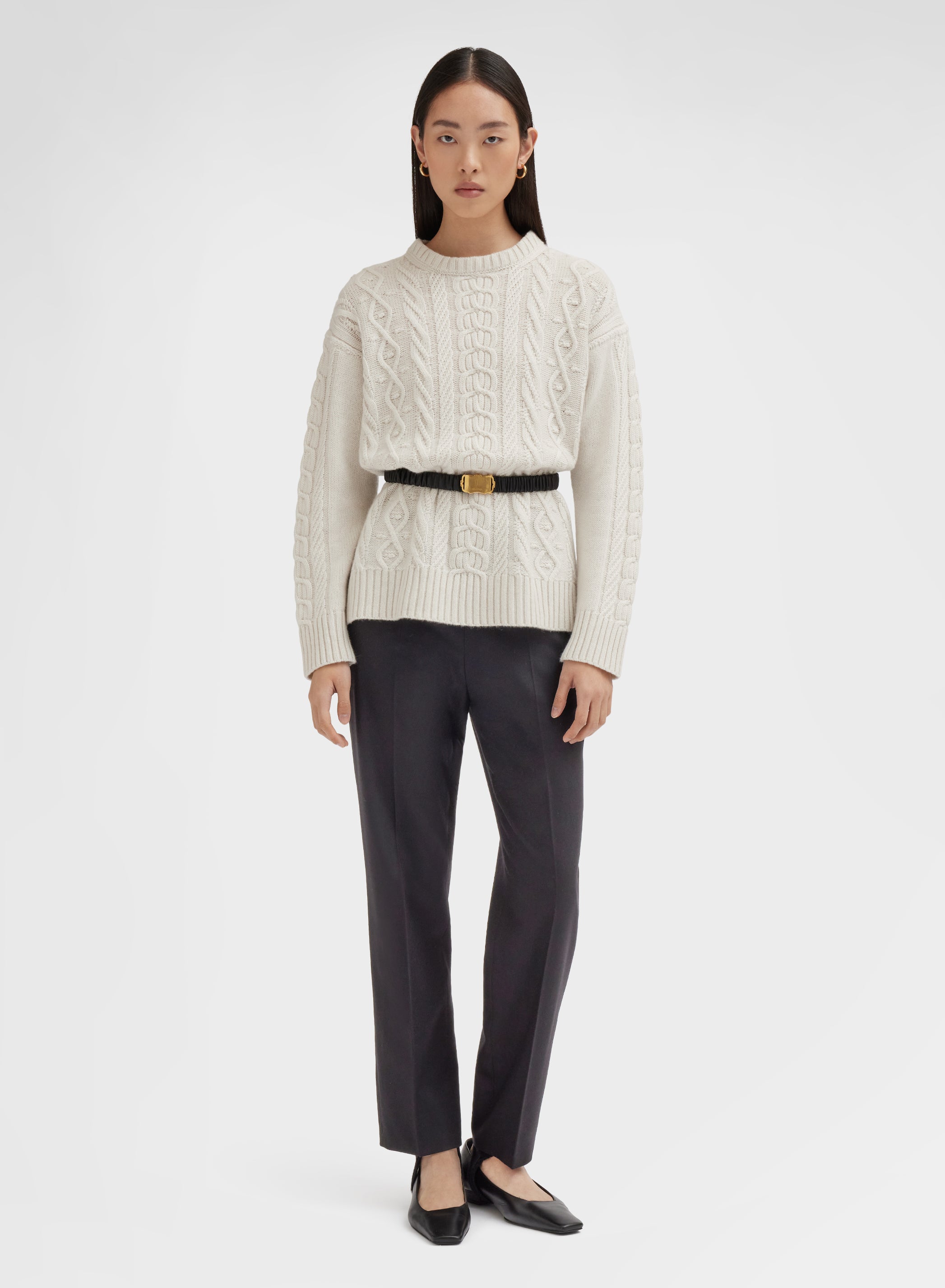 CREWNECK LONG SLEEVE CASHMERE PLAITS WHITE