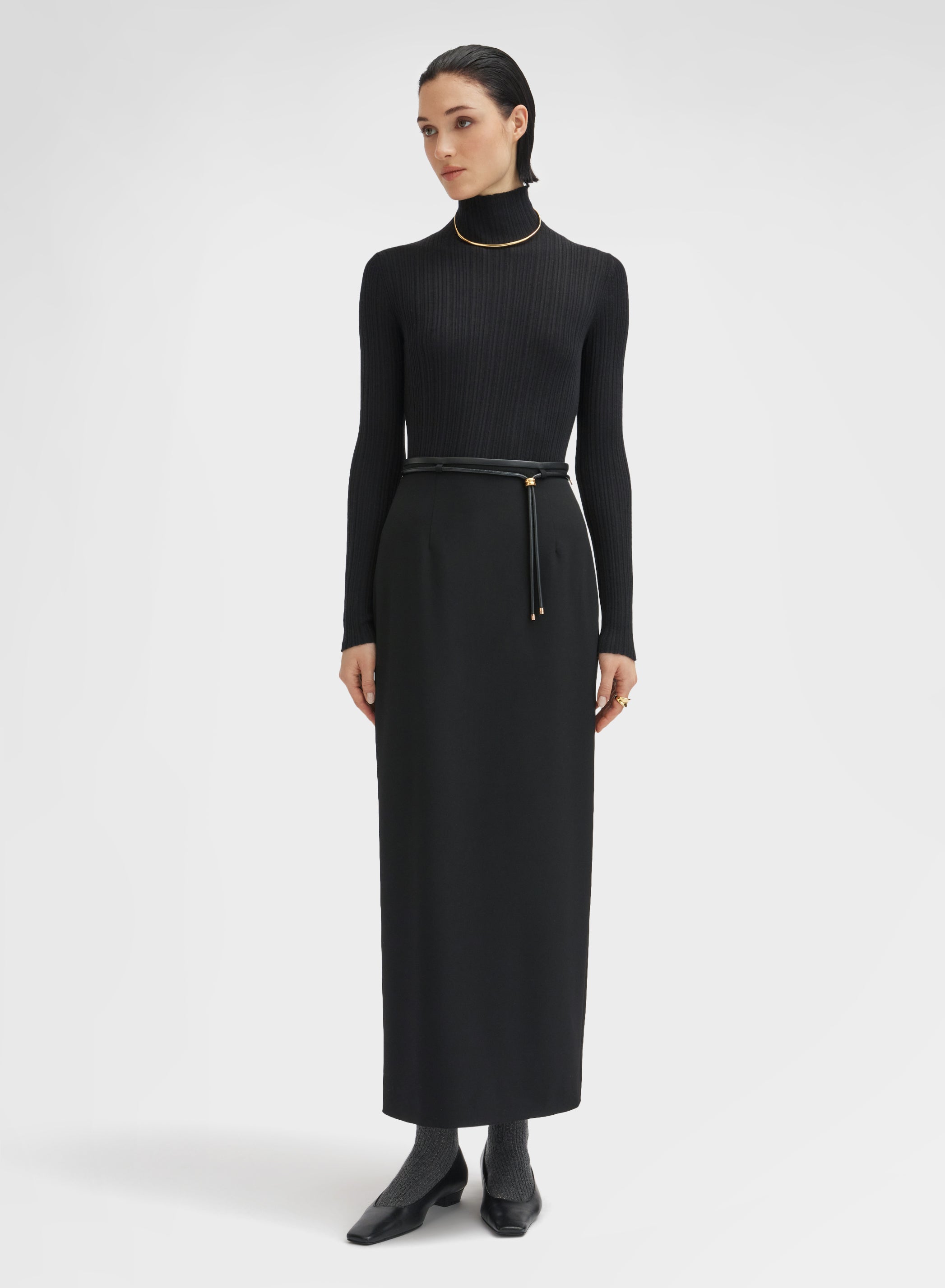 CASHMERE SILK MICRO PLISSÉ MOCK NECK BLACK