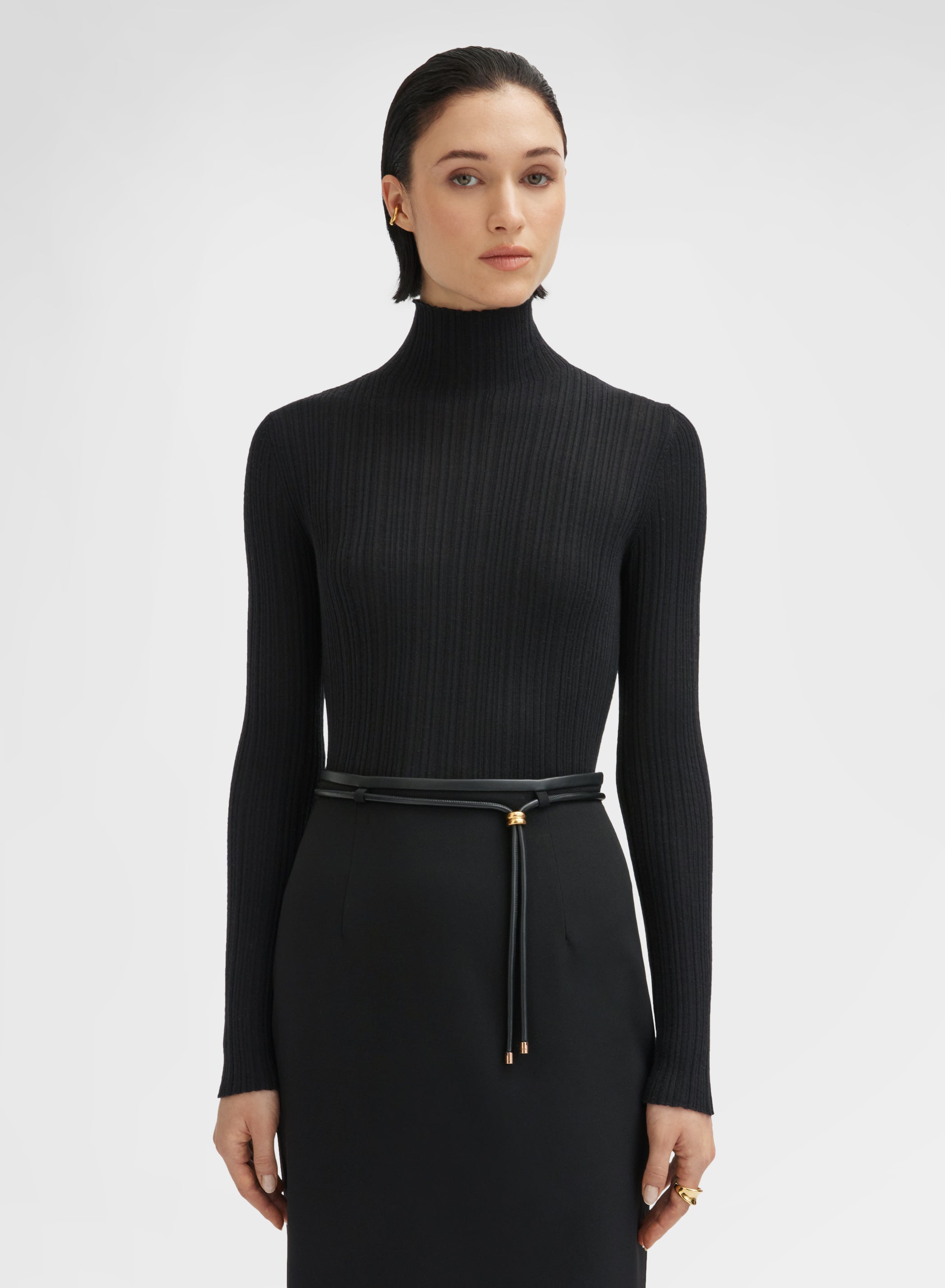 CASHMERE SILK MICRO PLISSÉ MOCK NECK BLACK