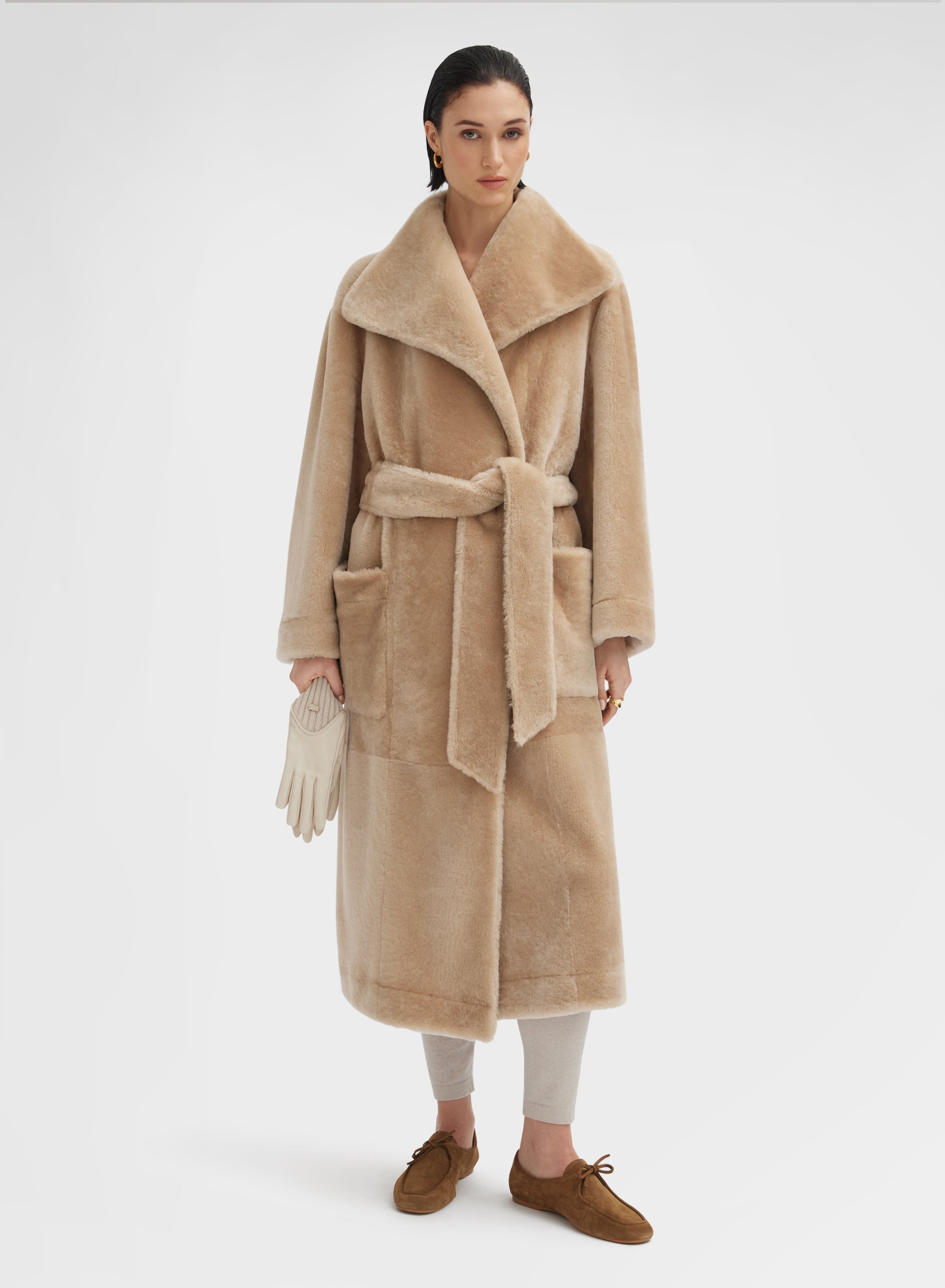 LONG COAT VELVET SHEARLING DARK CAMEL