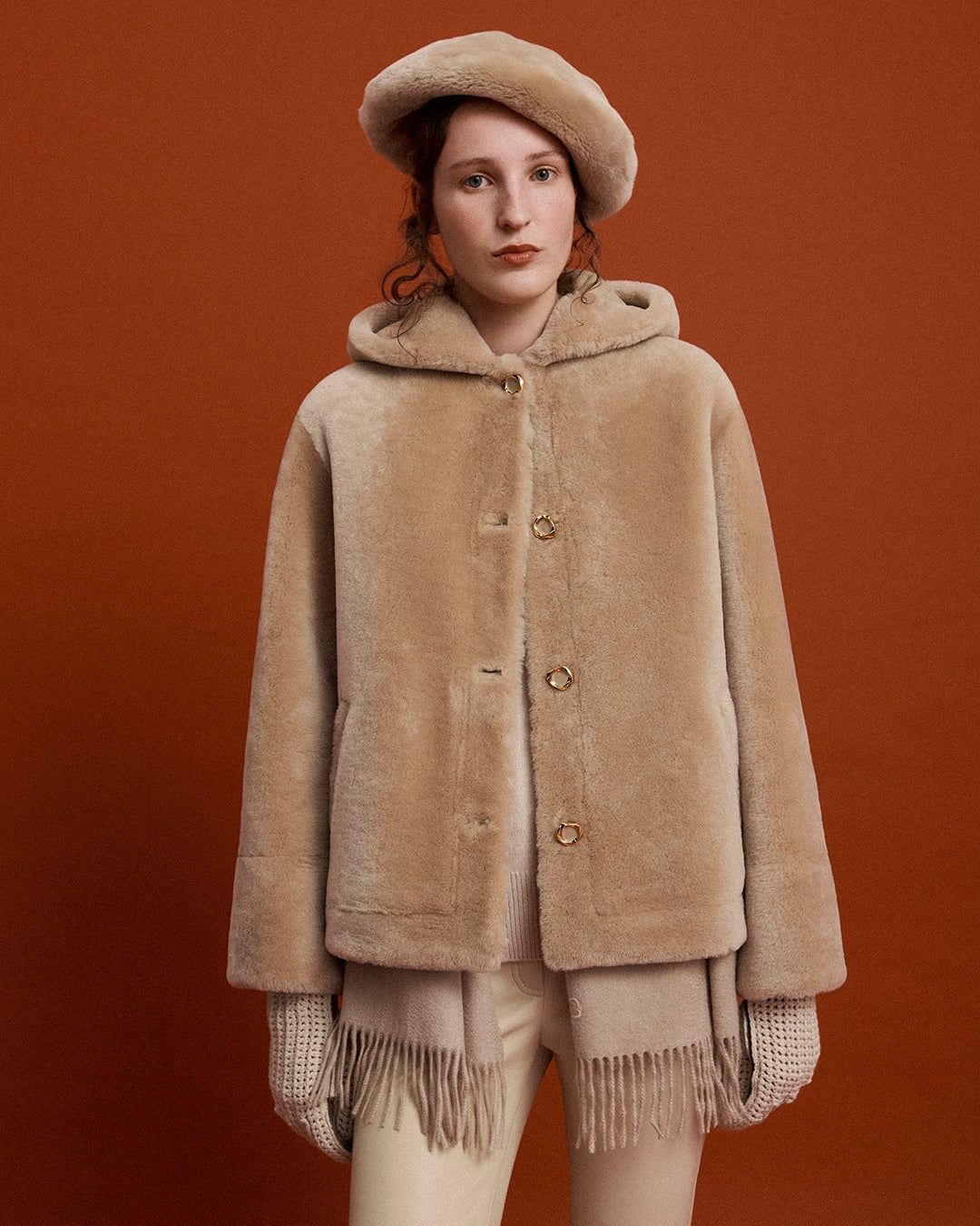 VELVET SHEARLING ROUND NECK COAT