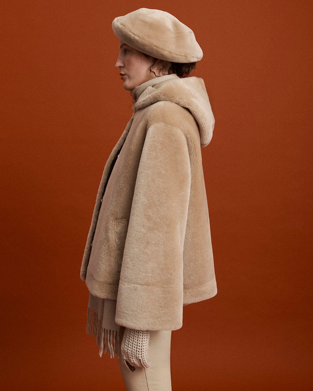 VELVET SHEARLING ROUND NECK COAT