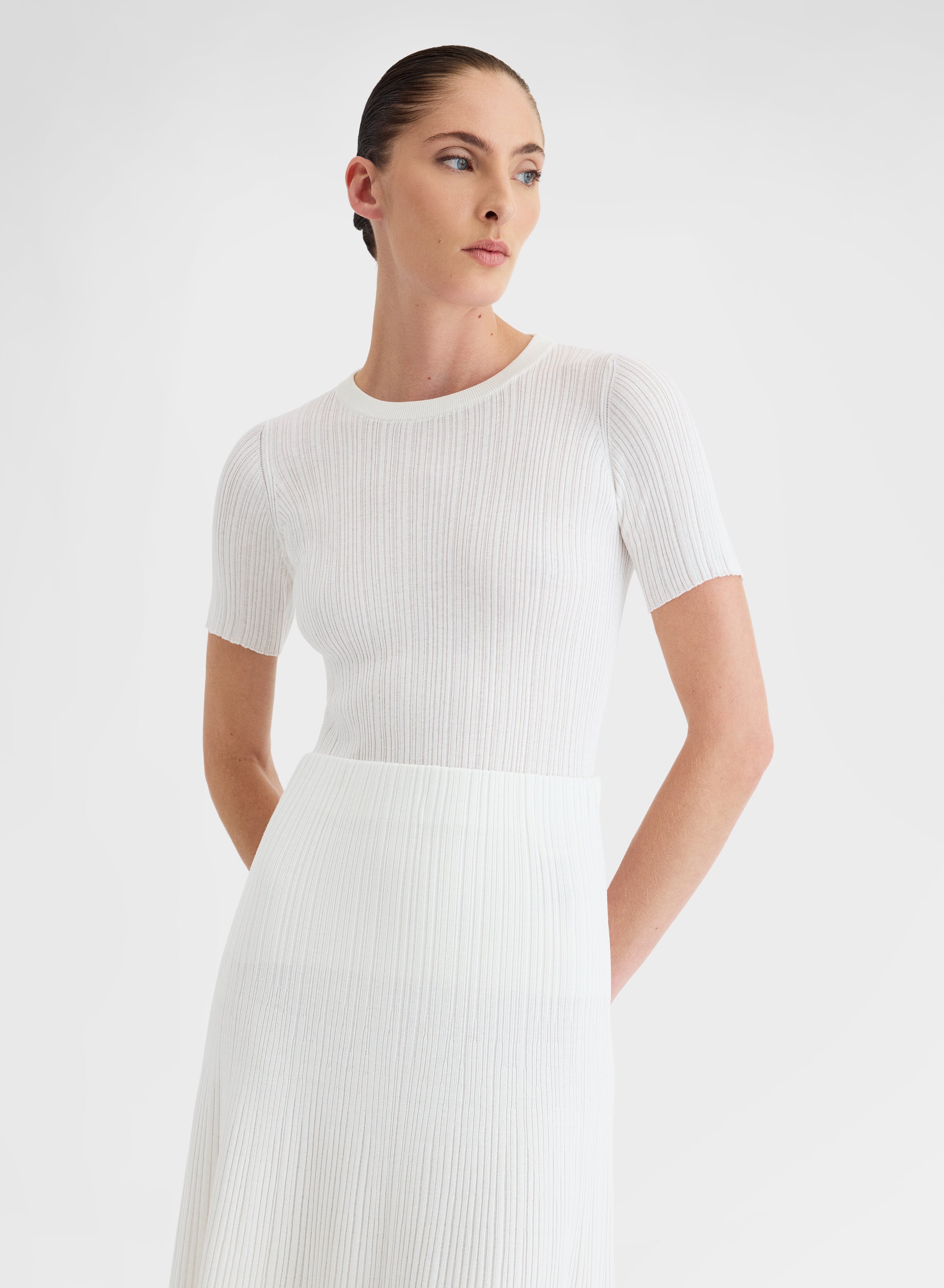 Cotton Silk Micro Plissé Crewneck White SS26 | Agnona