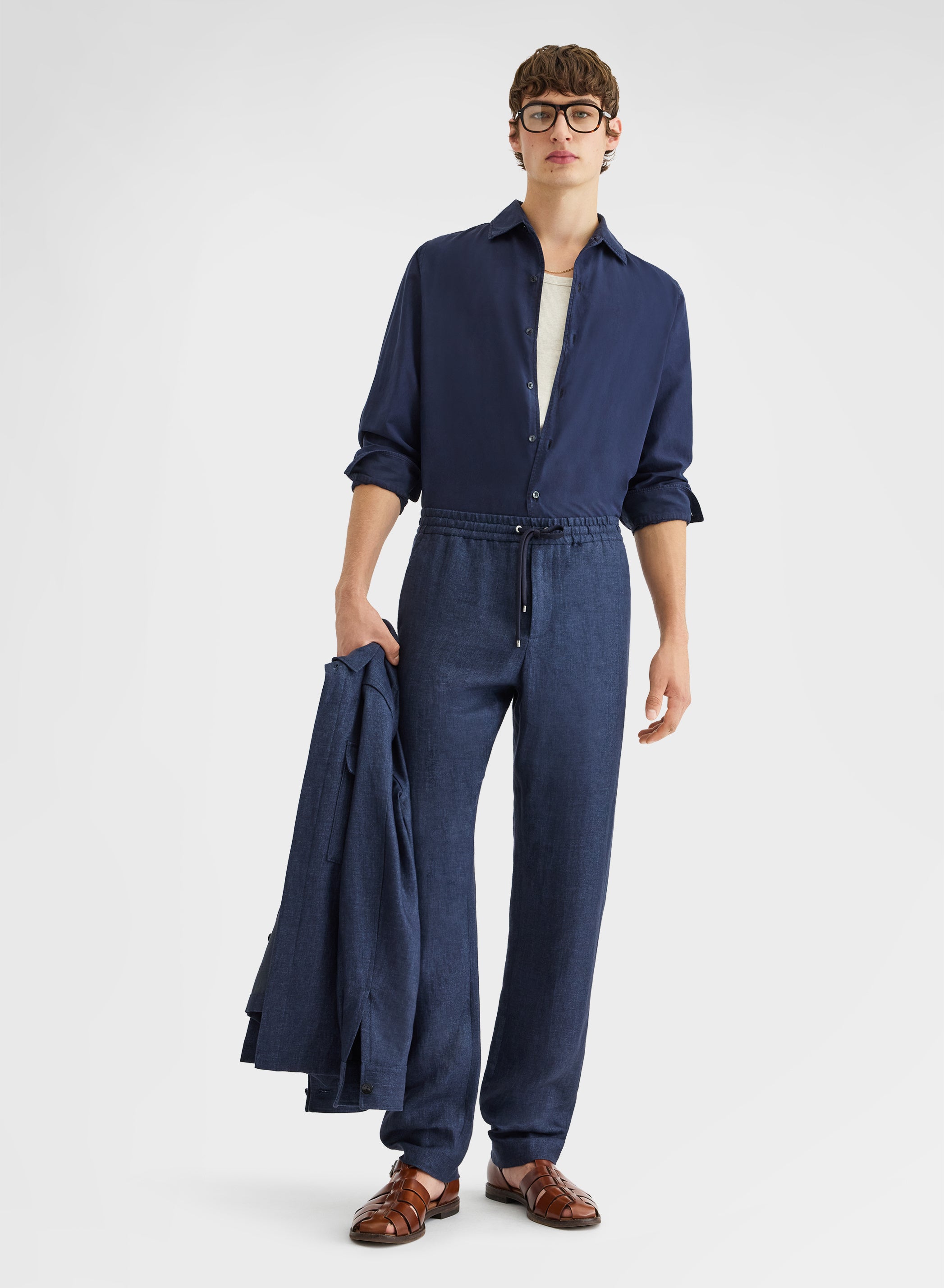 COTTON SILK SHIRT GARMENT DYED SHIRT NAVY