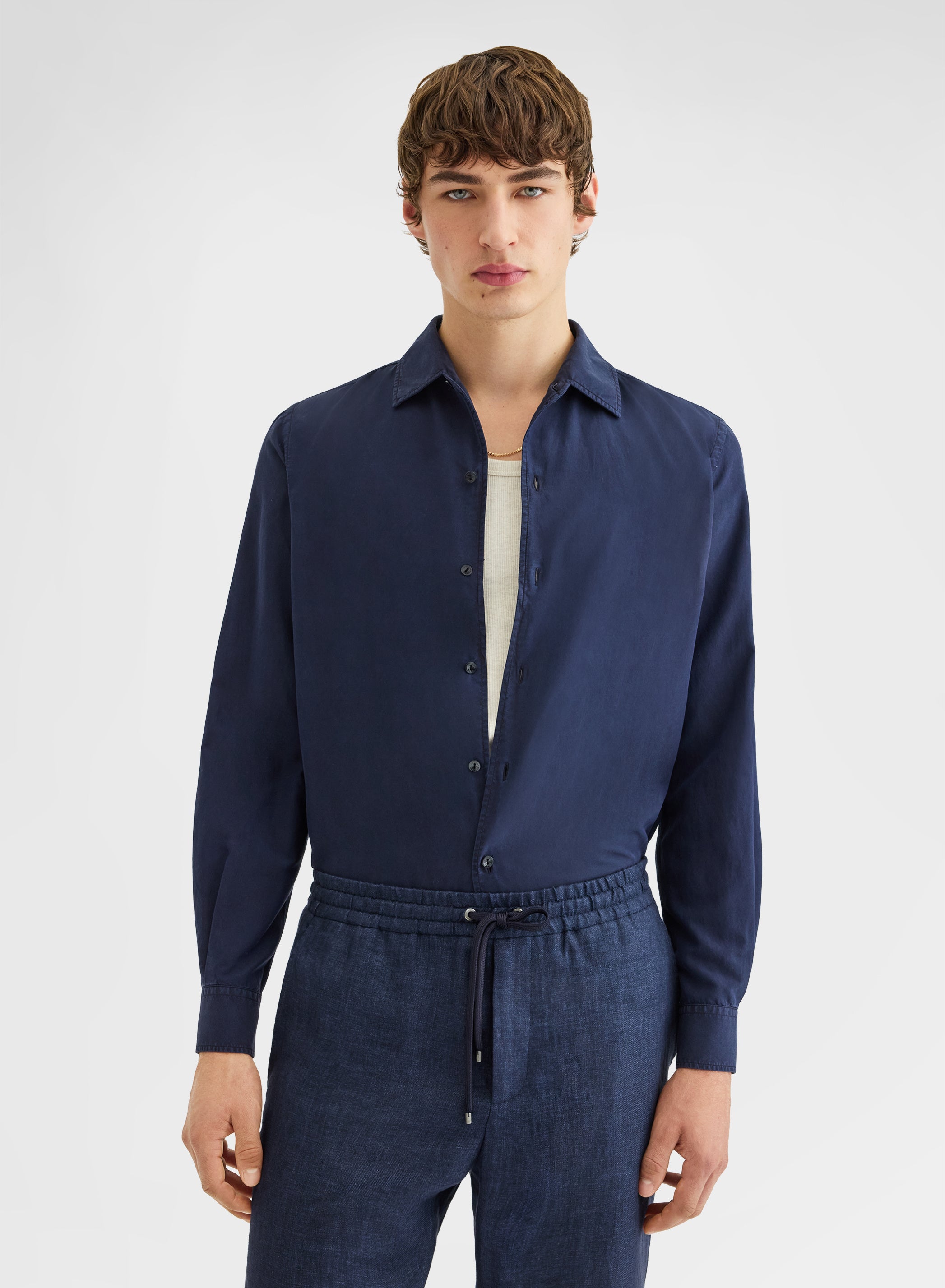 COTTON SILK SHIRT GARMENT DYED SHIRT NAVY