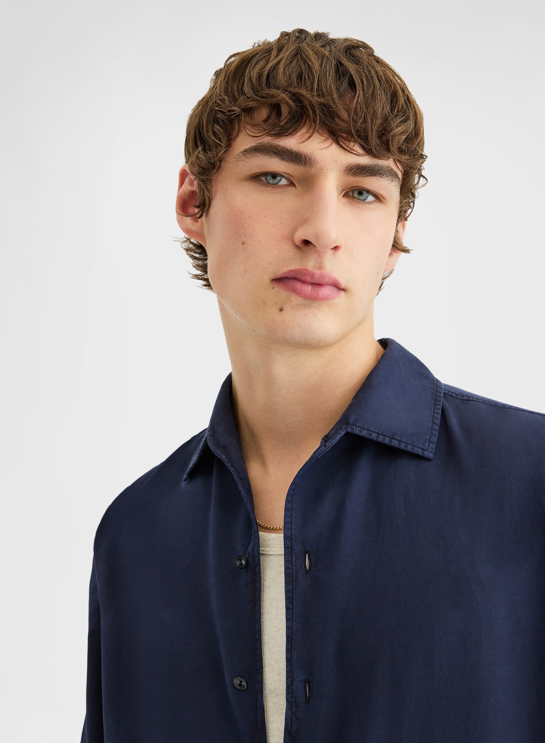 COTTON SILK SHIRT GARMENT DYED SHIRT NAVY