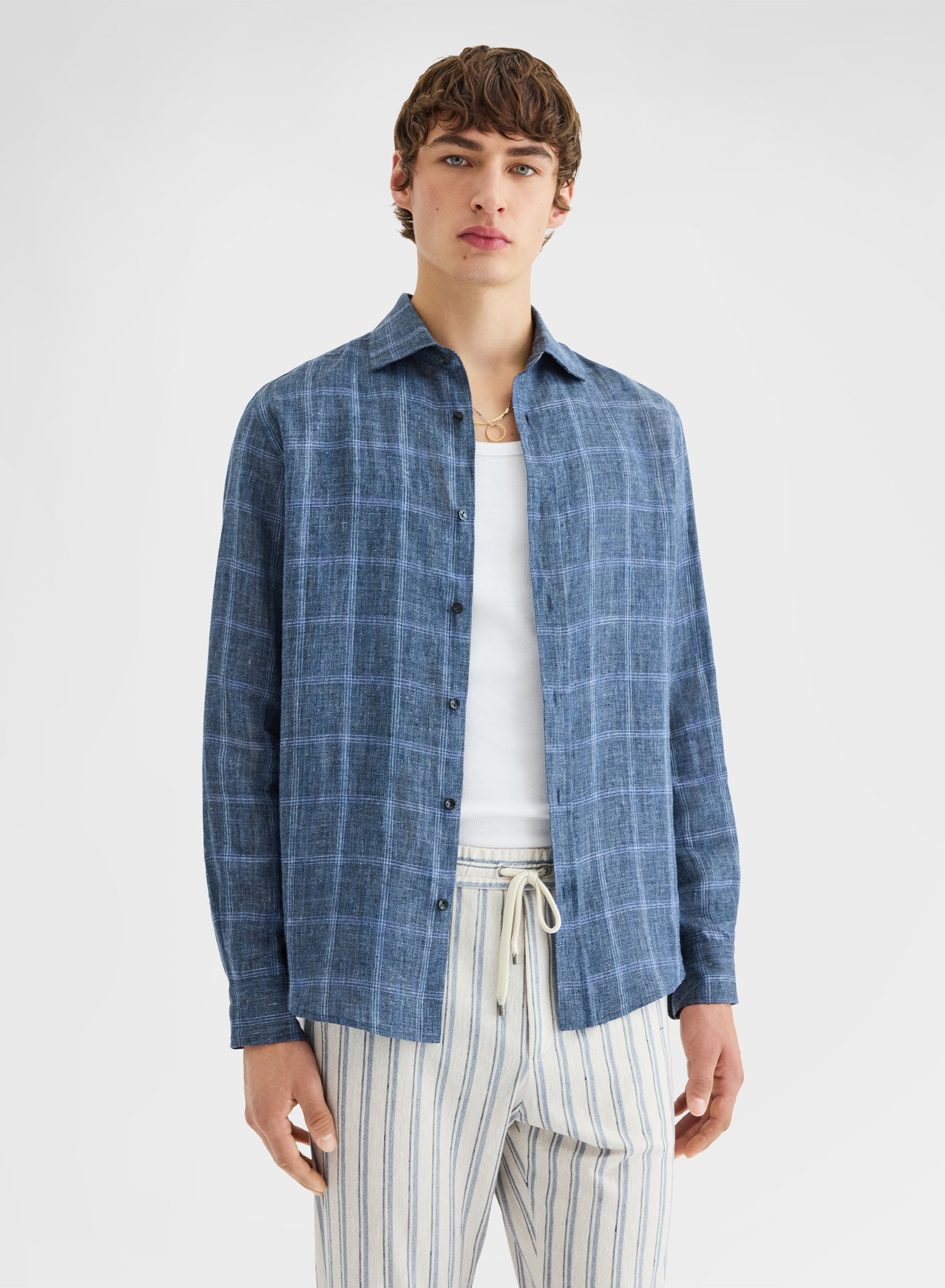 CHECKED LINEN SHIRT NAVY