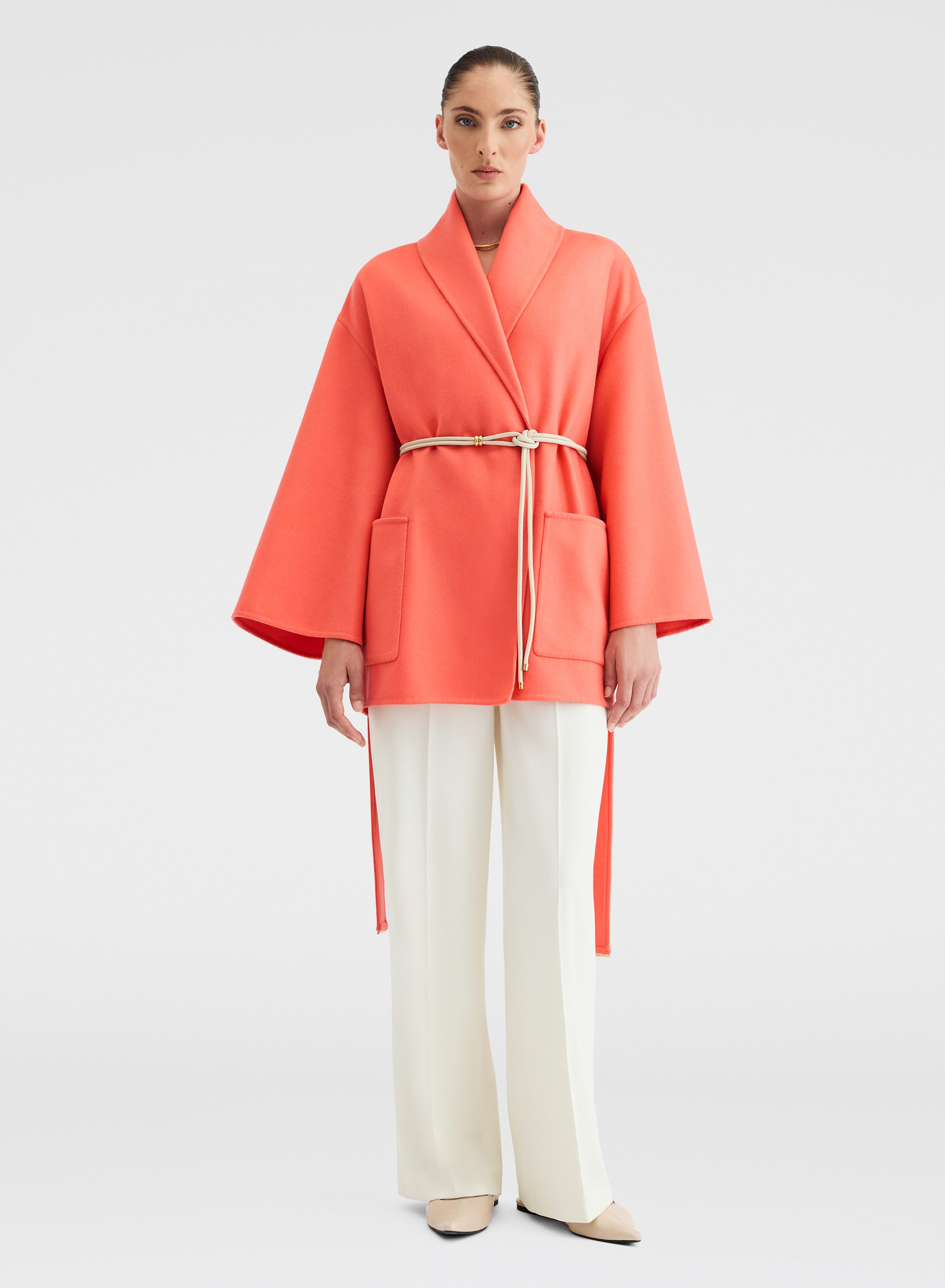 Wool Cashmere Short Coat Sunset Red Belted | Agnona Italy