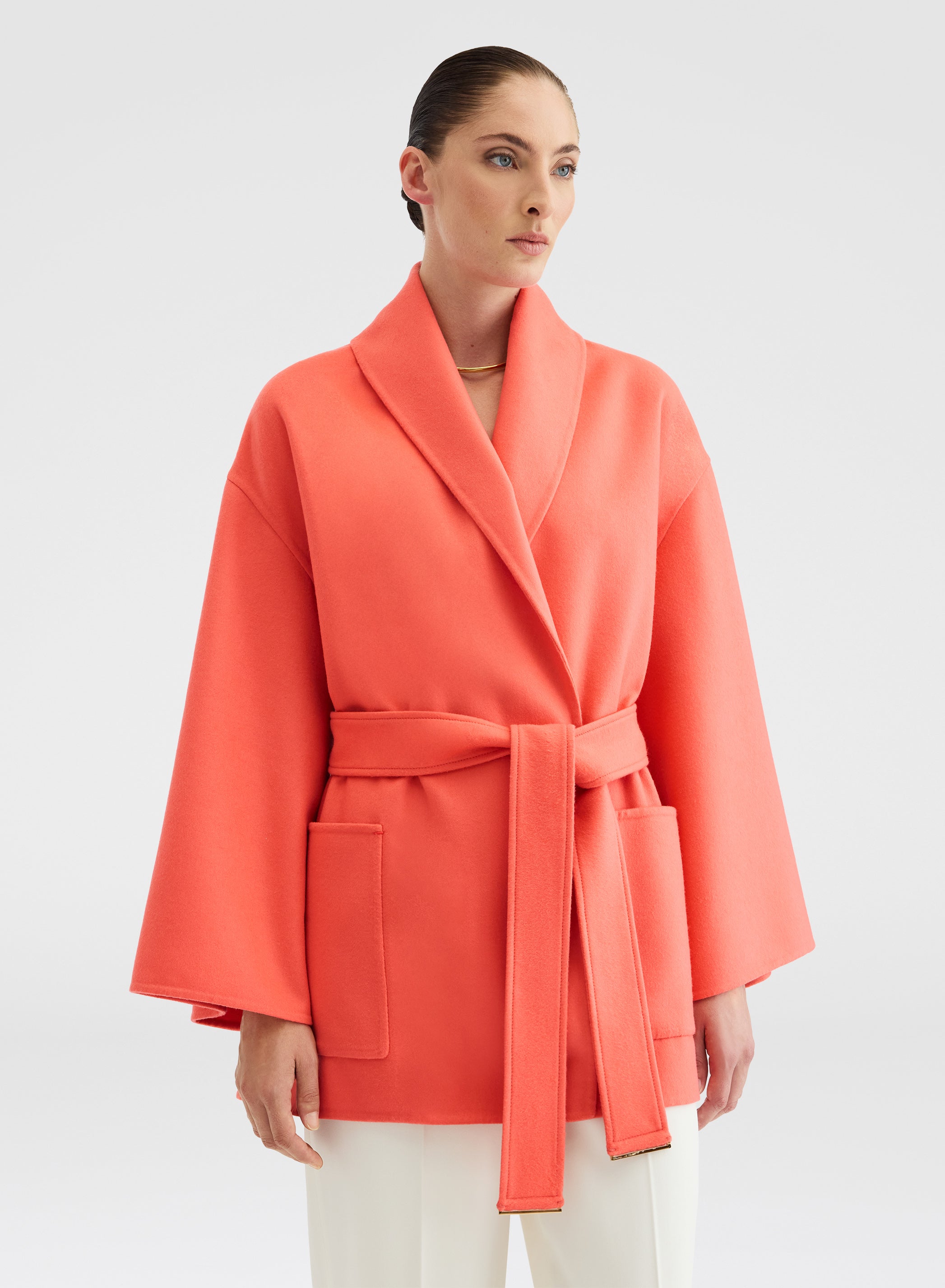 Wool Cashmere Short Coat Sunset Red Belted | Agnona Italy