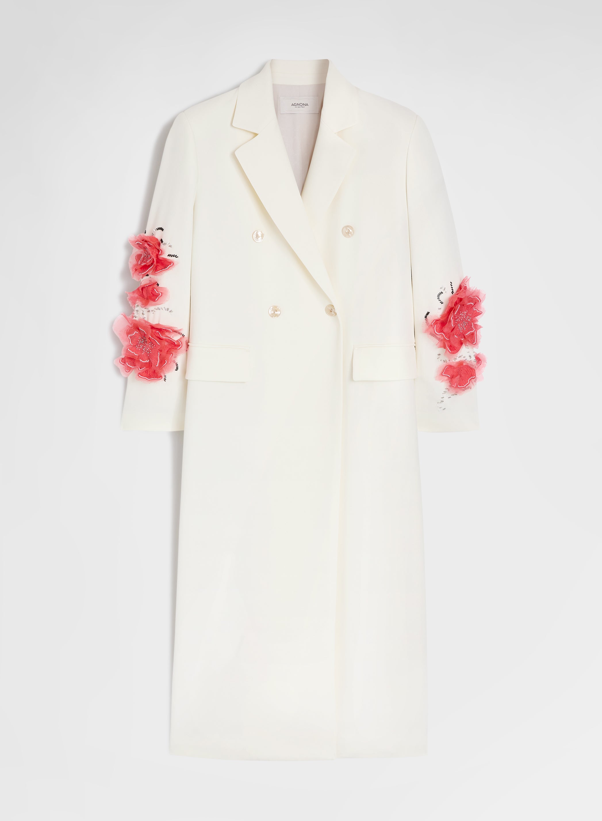 Hand-Embroidered Wool Coat White Organza Flowers | Agnona