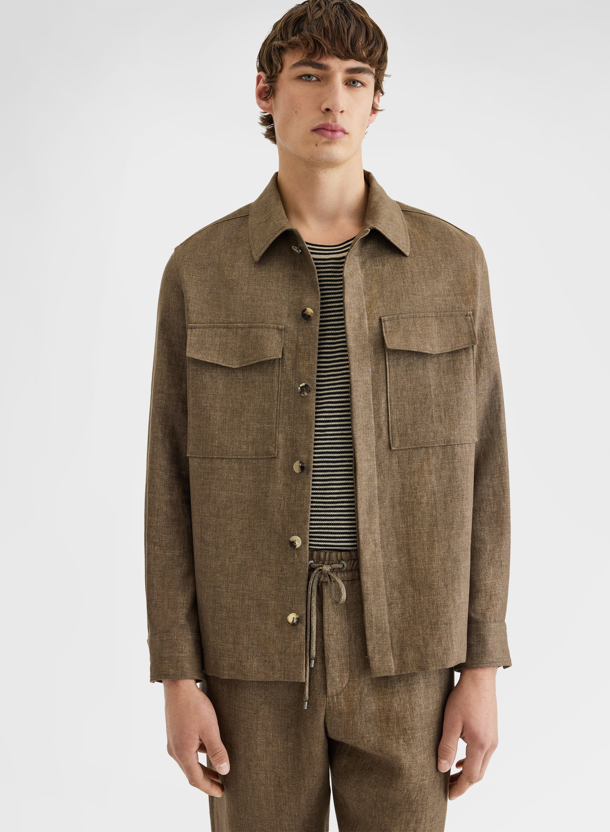 【イタリア製】AGNONA Black Linen Blouson 50 Khaki Linen Overshirt Bonded Delavé | Agnona