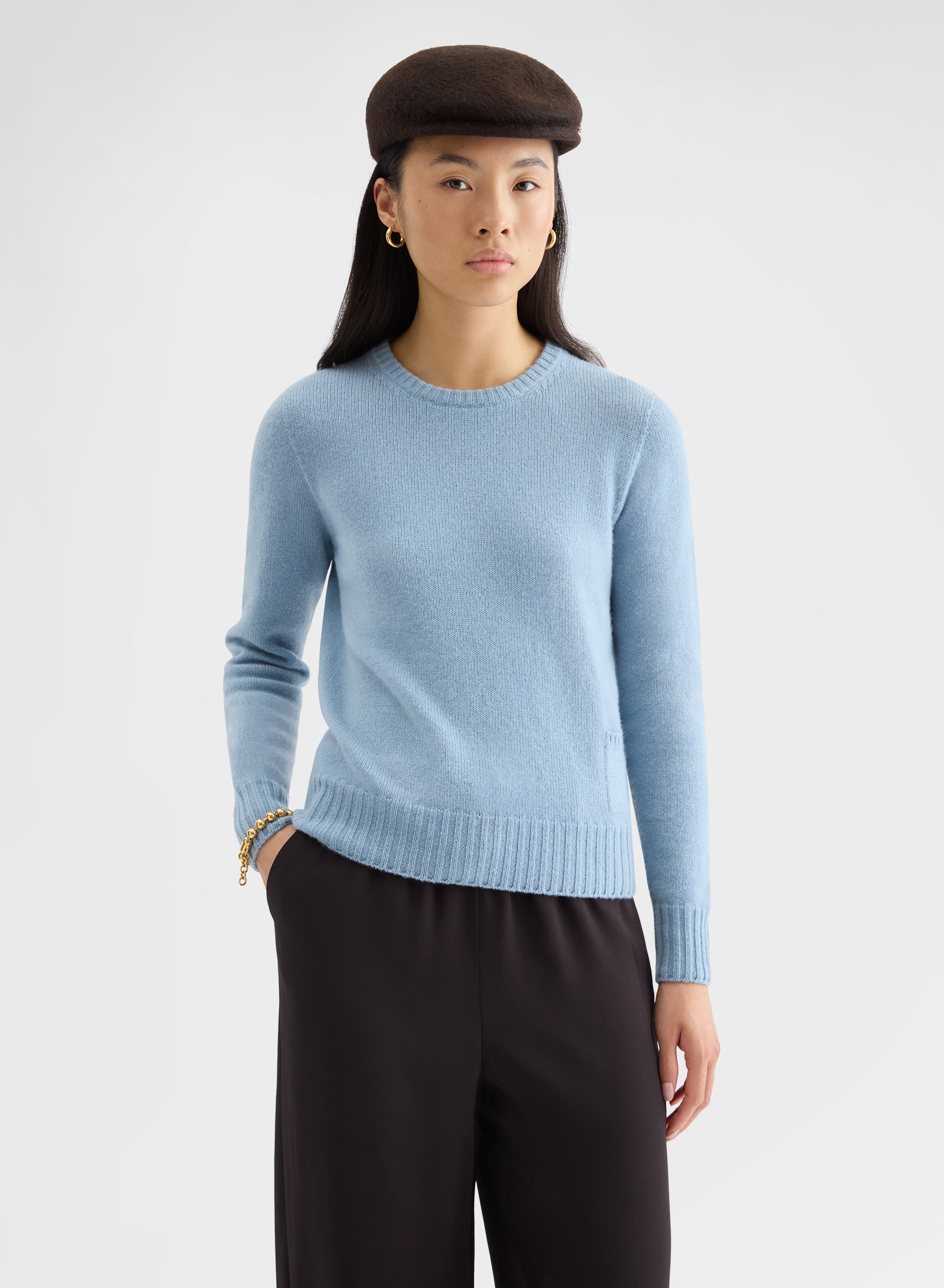 CASHMERE PLAIN KNIT LIPSTICK CREWNECK DARK POWDER