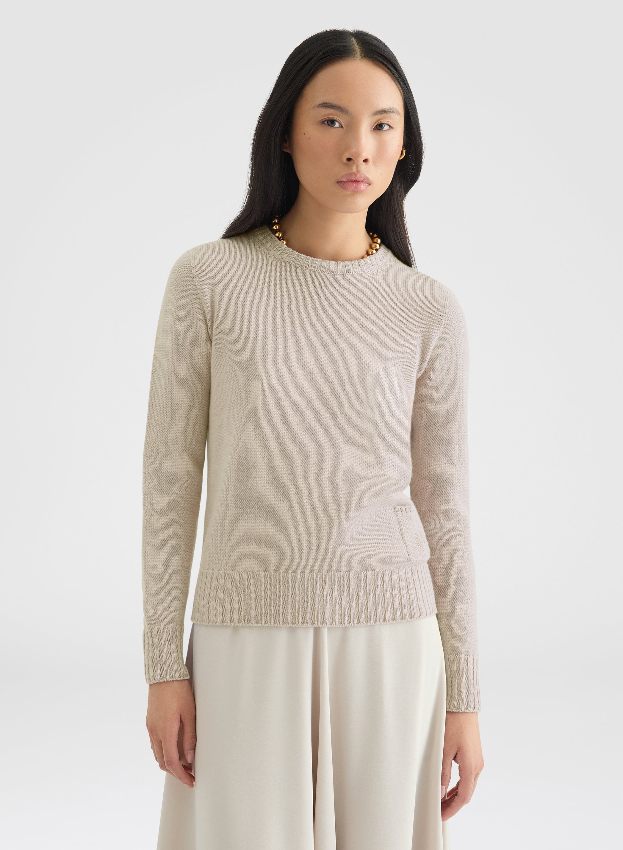 CASHMERE PLAIN KNIT LIPSTICK CREWNECK GREIGE