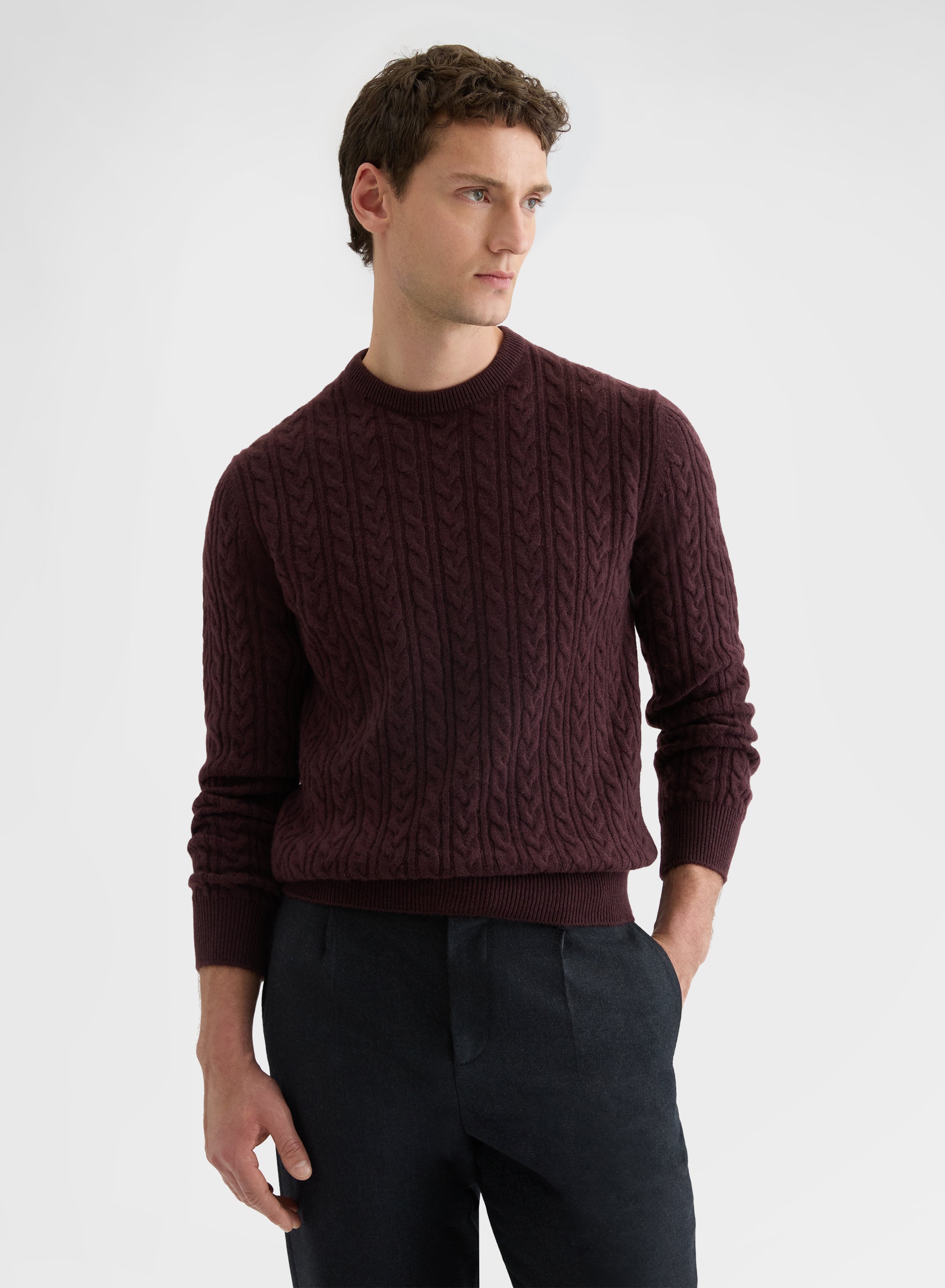 CASHMERE ICONIC CABLE CREWNECK BURGUNDY