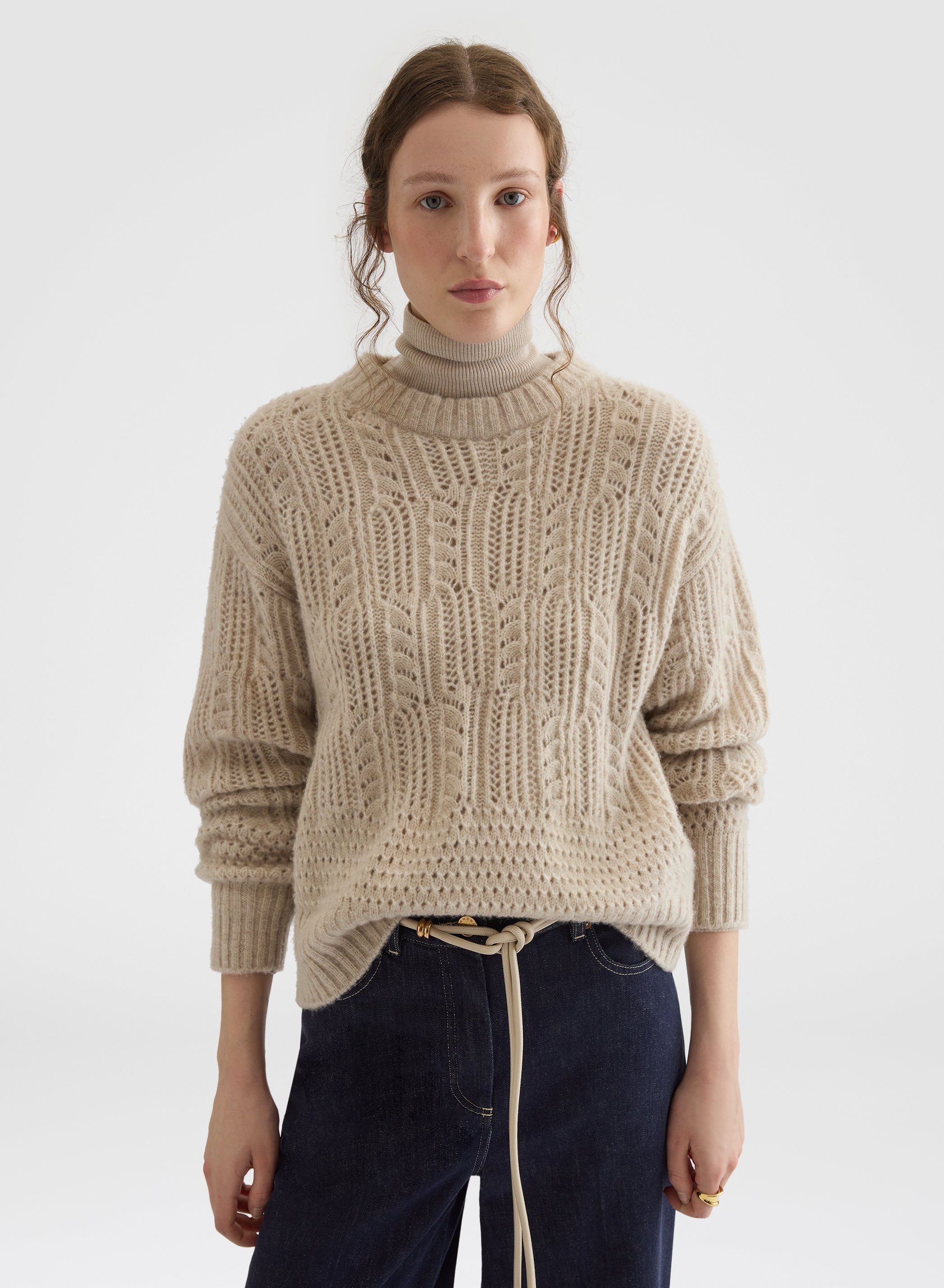 OPENWORK CASHMERE SILK CREWNECK LIGHT GREIGE