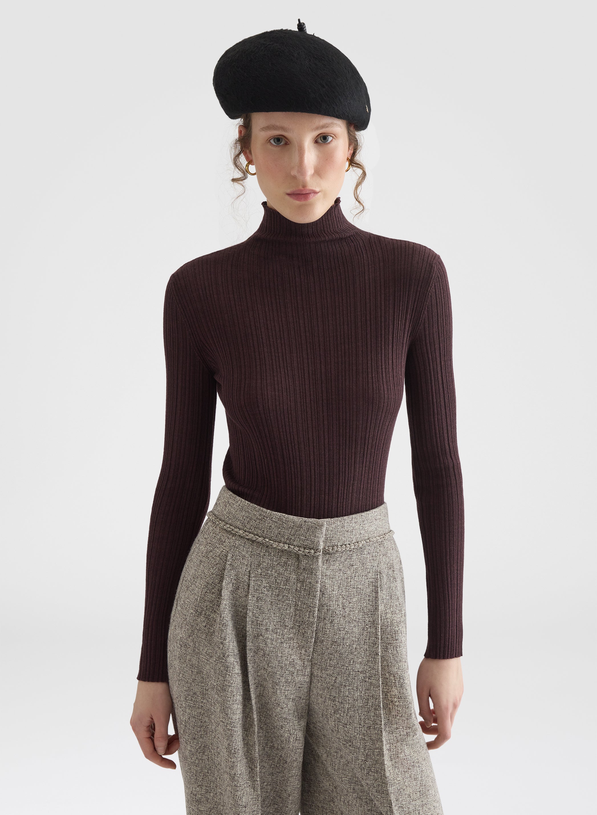 CASHMERE WOOL SILK CORTECCIA STITCH TURTLENECK BURGUNDY