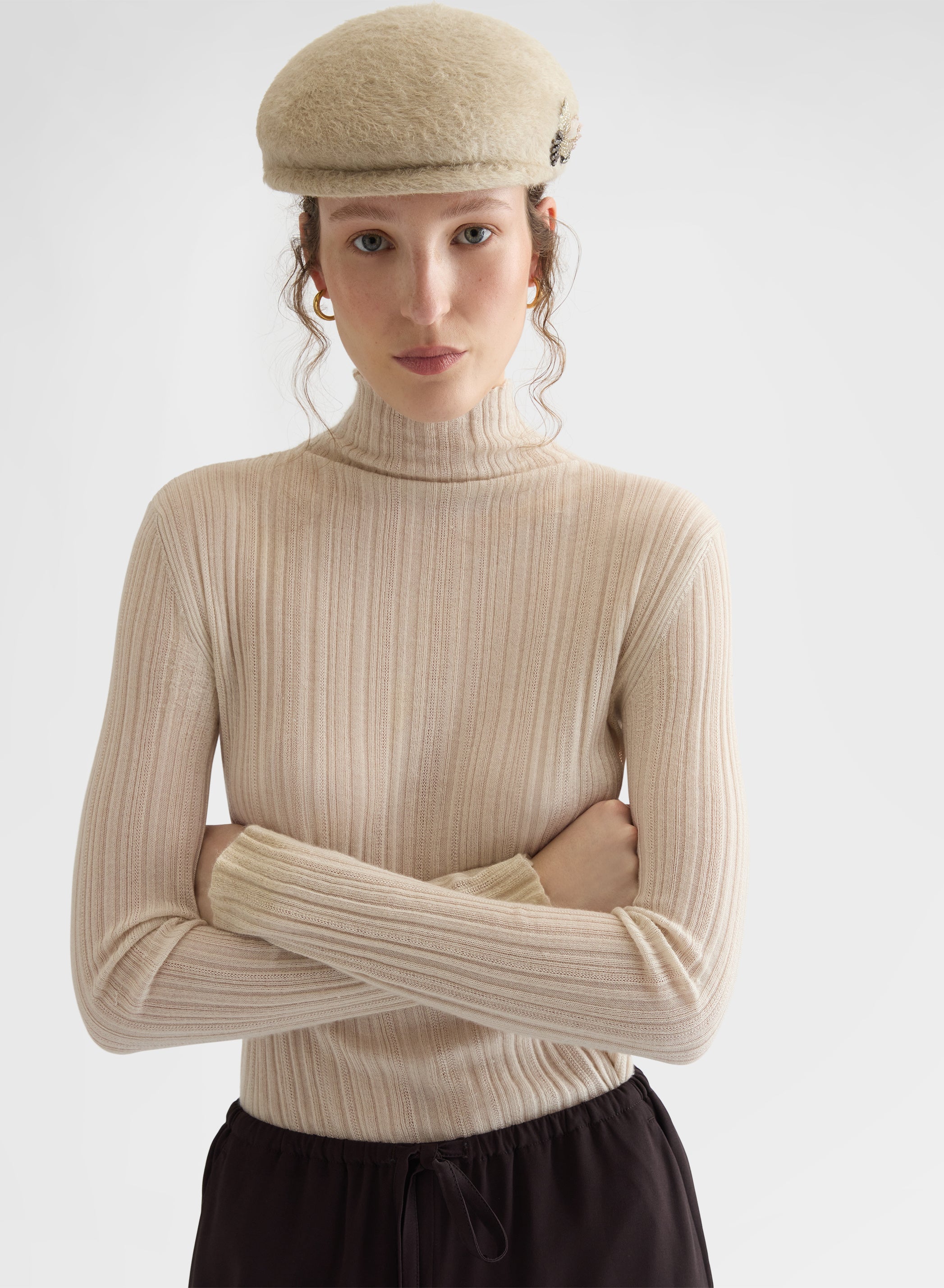 CASHMERE WOOL SILK CORTECCIA STITCH TURTLENECK GREIGE