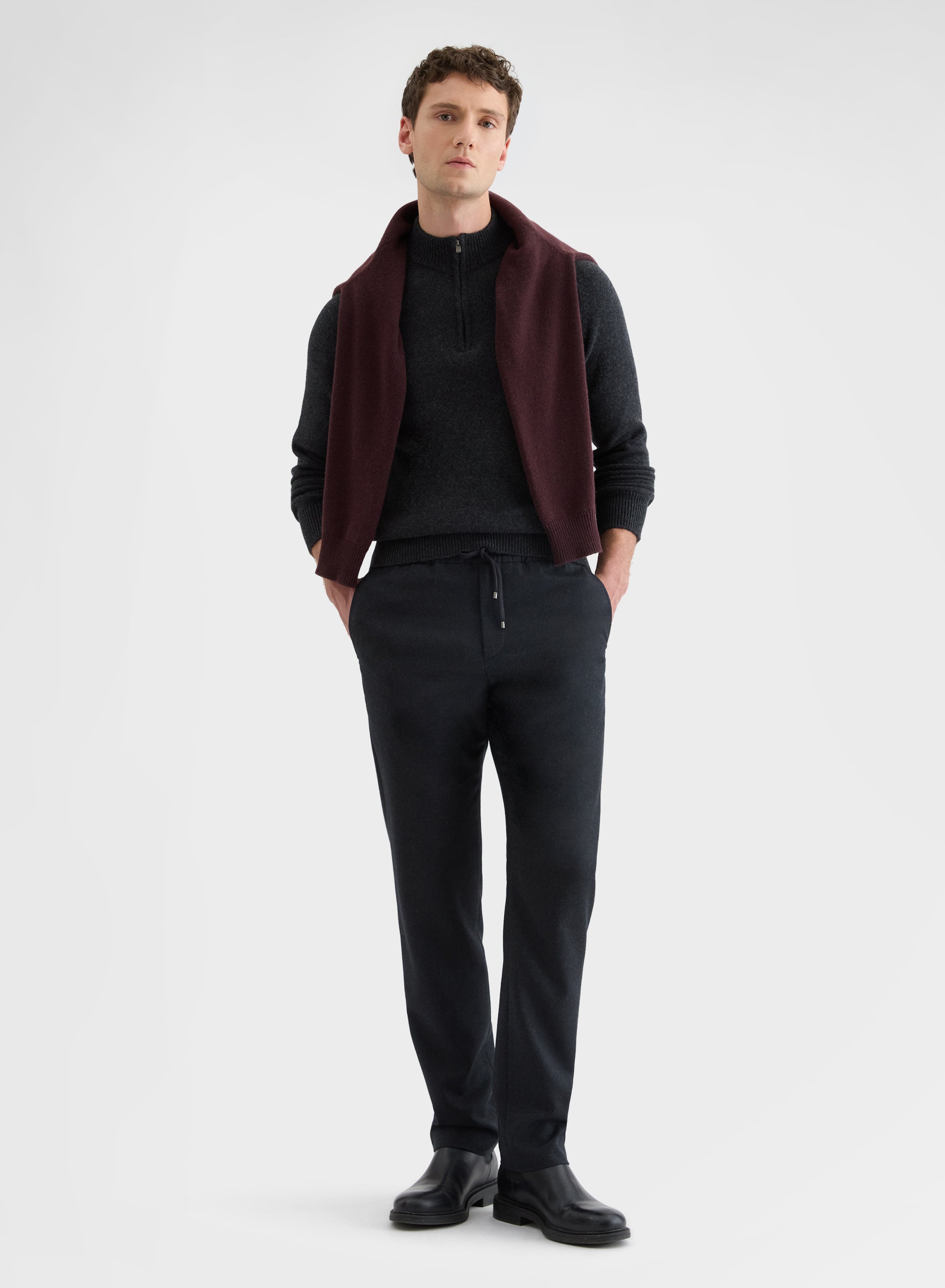 CASHMERE PLAIN KNIT HIGH NECK HALF ZIP SWEATER CHARCOAL