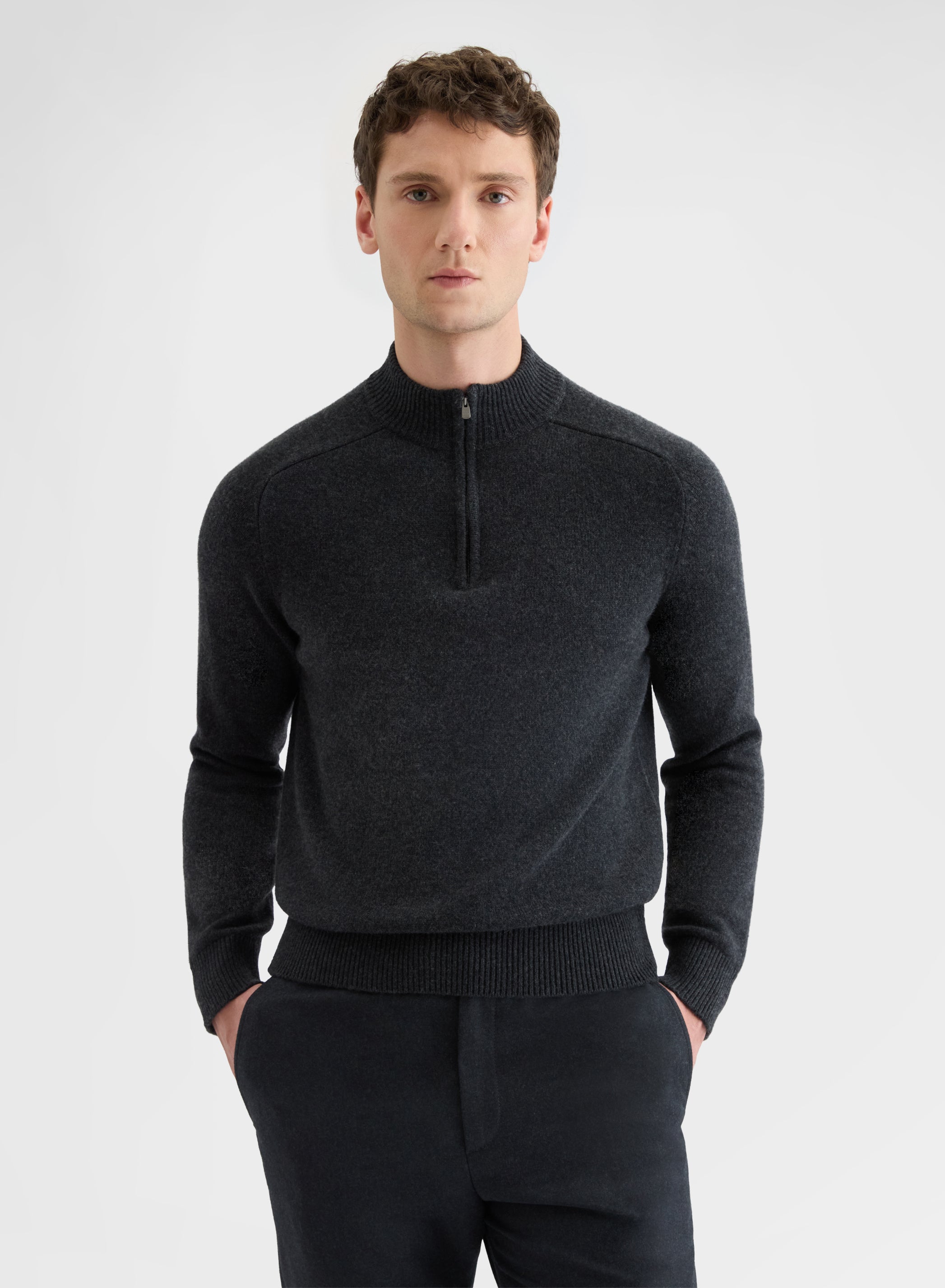 CASHMERE PLAIN KNIT HIGH NECK HALF ZIP SWEATER CHARCOAL