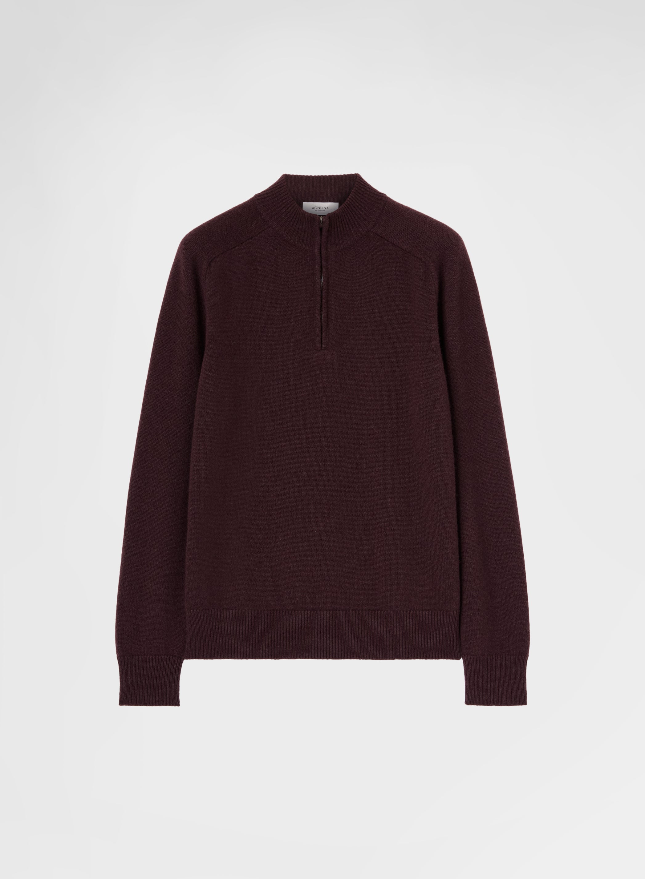 CASHMERE PLAIN KNIT HIGH NECK HALF ZIP SWEATER BURGUNDY