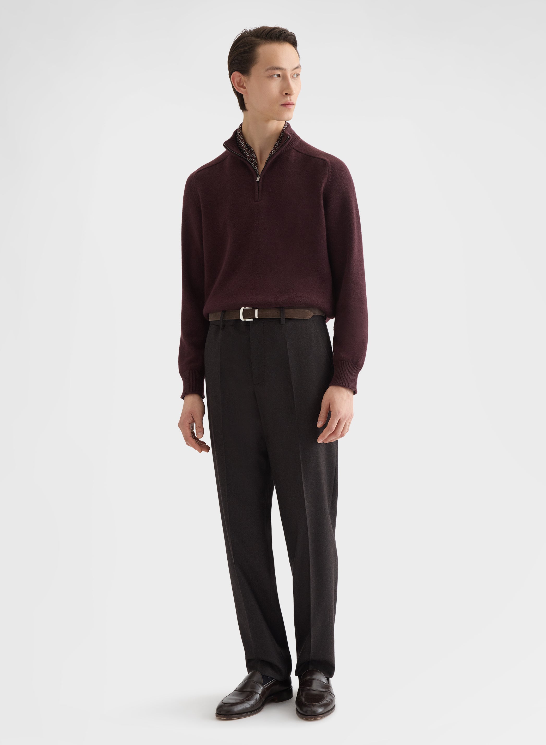 CASHMERE PLAIN KNIT HIGH NECK HALF ZIP SWEATER BURGUNDY