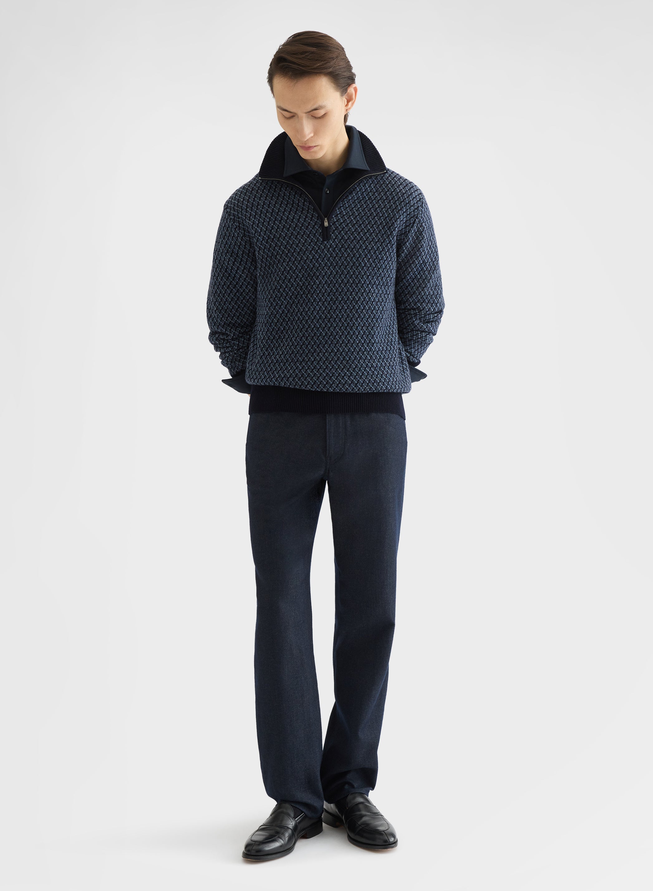 ARGYLE JACQUARD HIGH NECK HALF ZIP SWEATER NIGHT