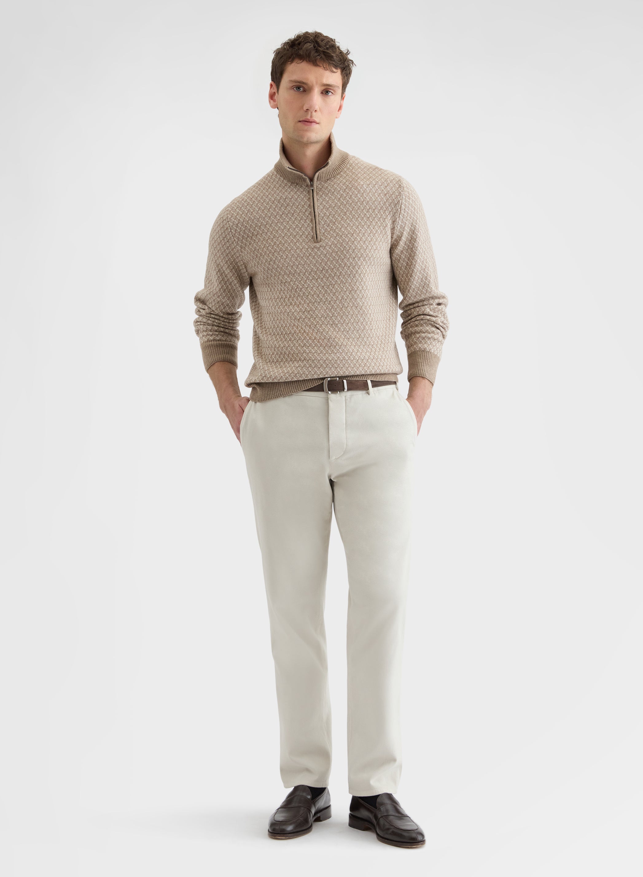 ARGYLE JACQUARD HIGH NECK HALF ZIP SWEATER