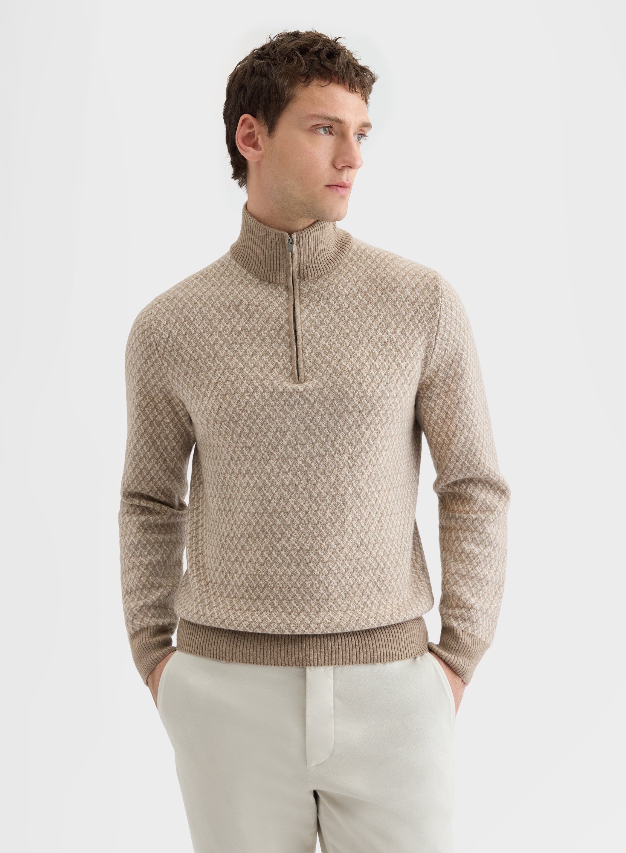 ARGYLE JACQUARD HIGH NECK HALF ZIP SWEATER