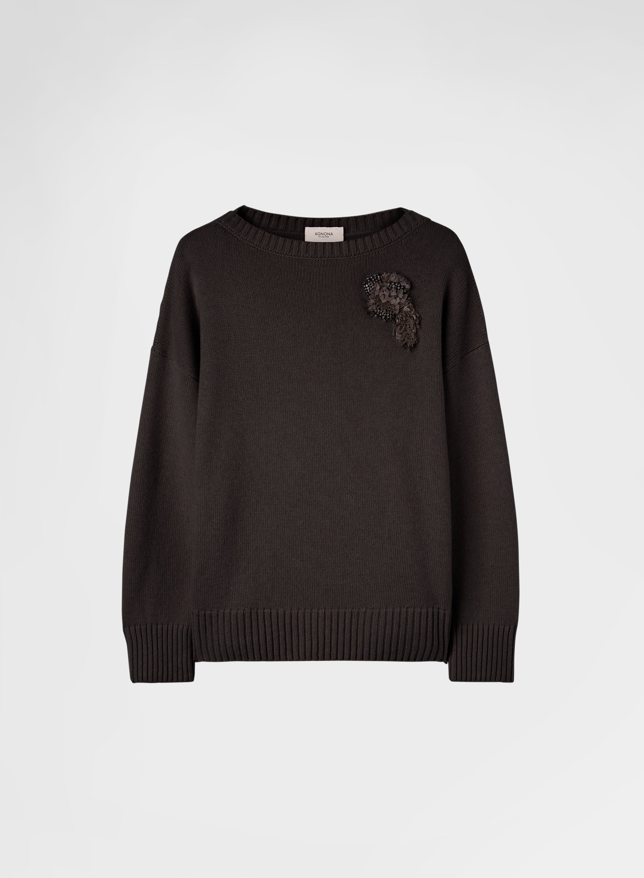 CASHMERE PLAIN KNIT BOAT NECK SWEATER EBONY