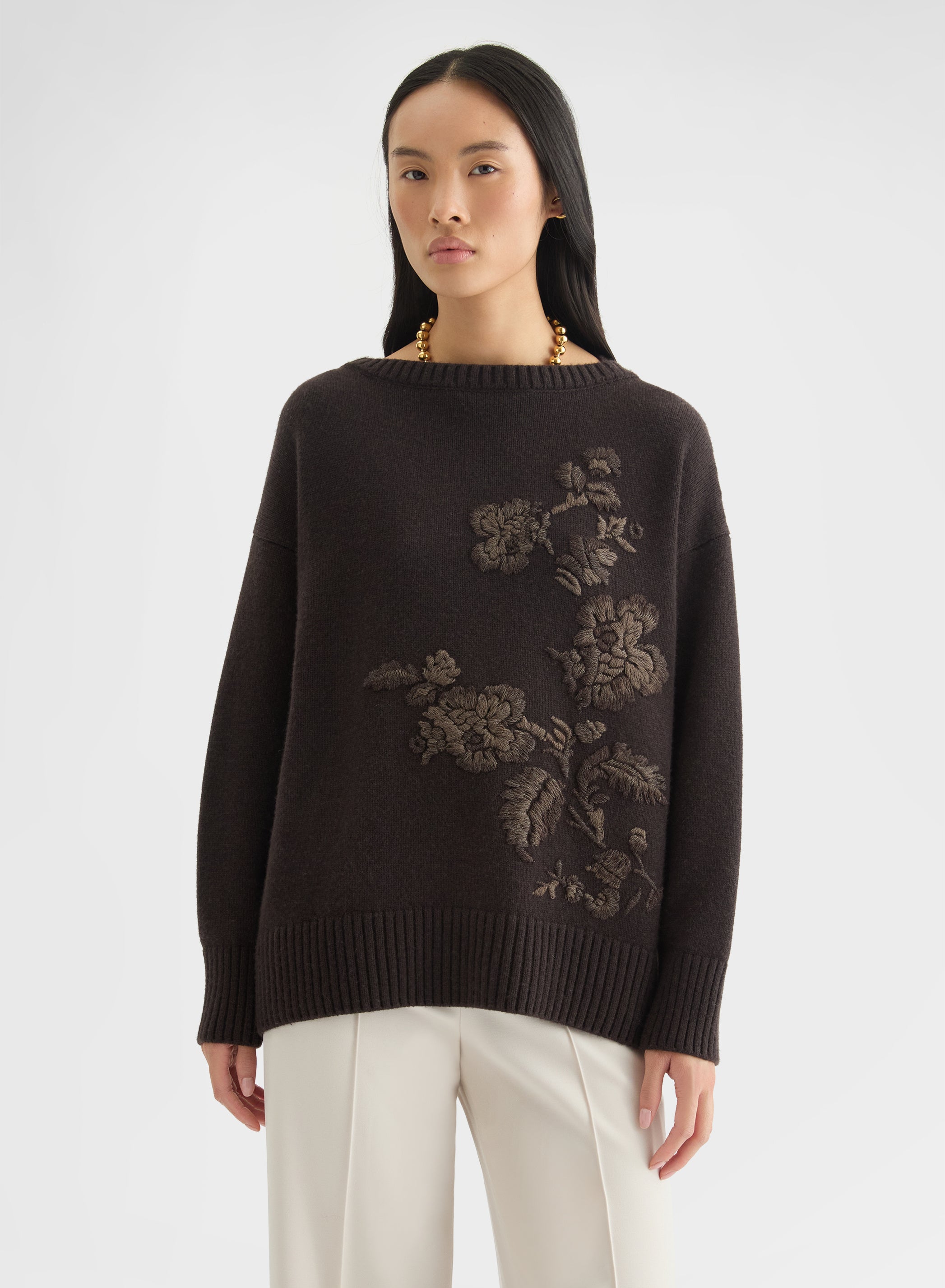 CASHMERE PLAIN KNIT BOAT NECK SWEATER EBONY