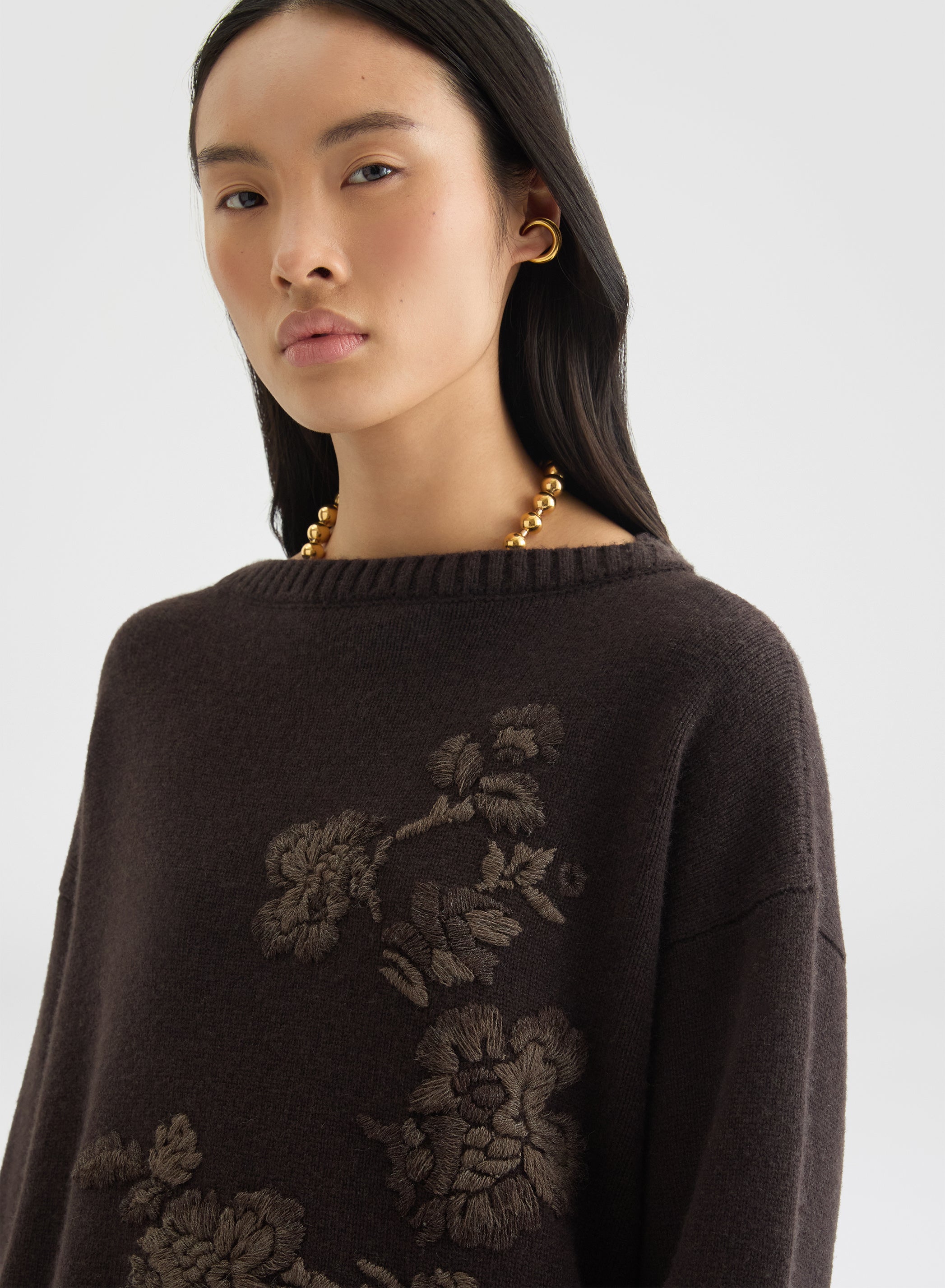 CASHMERE PLAIN KNIT BOAT NECK SWEATER EBONY