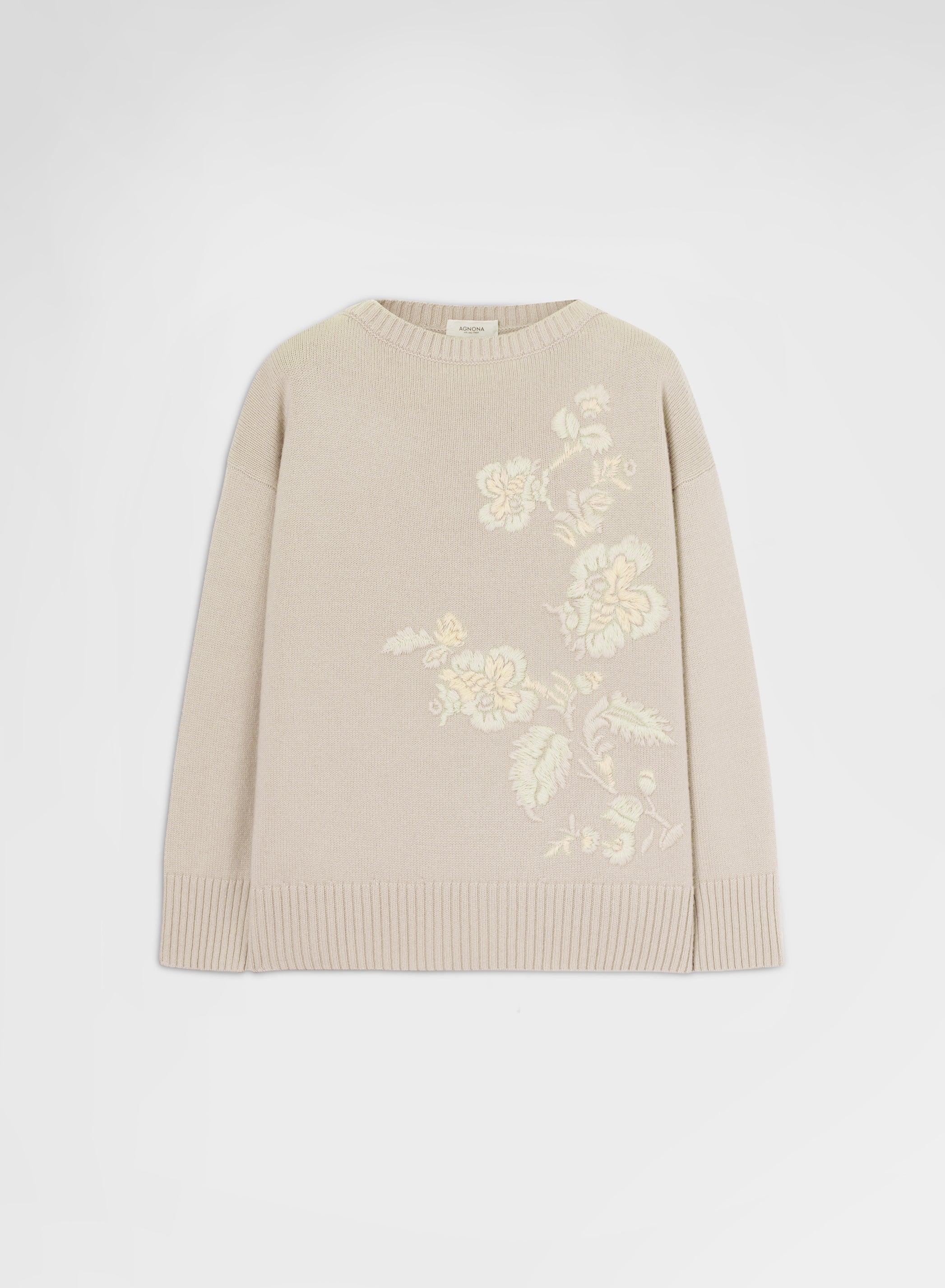 CASHMERE PLAIN KNIT BOAT NECK SWEATER GREIGE