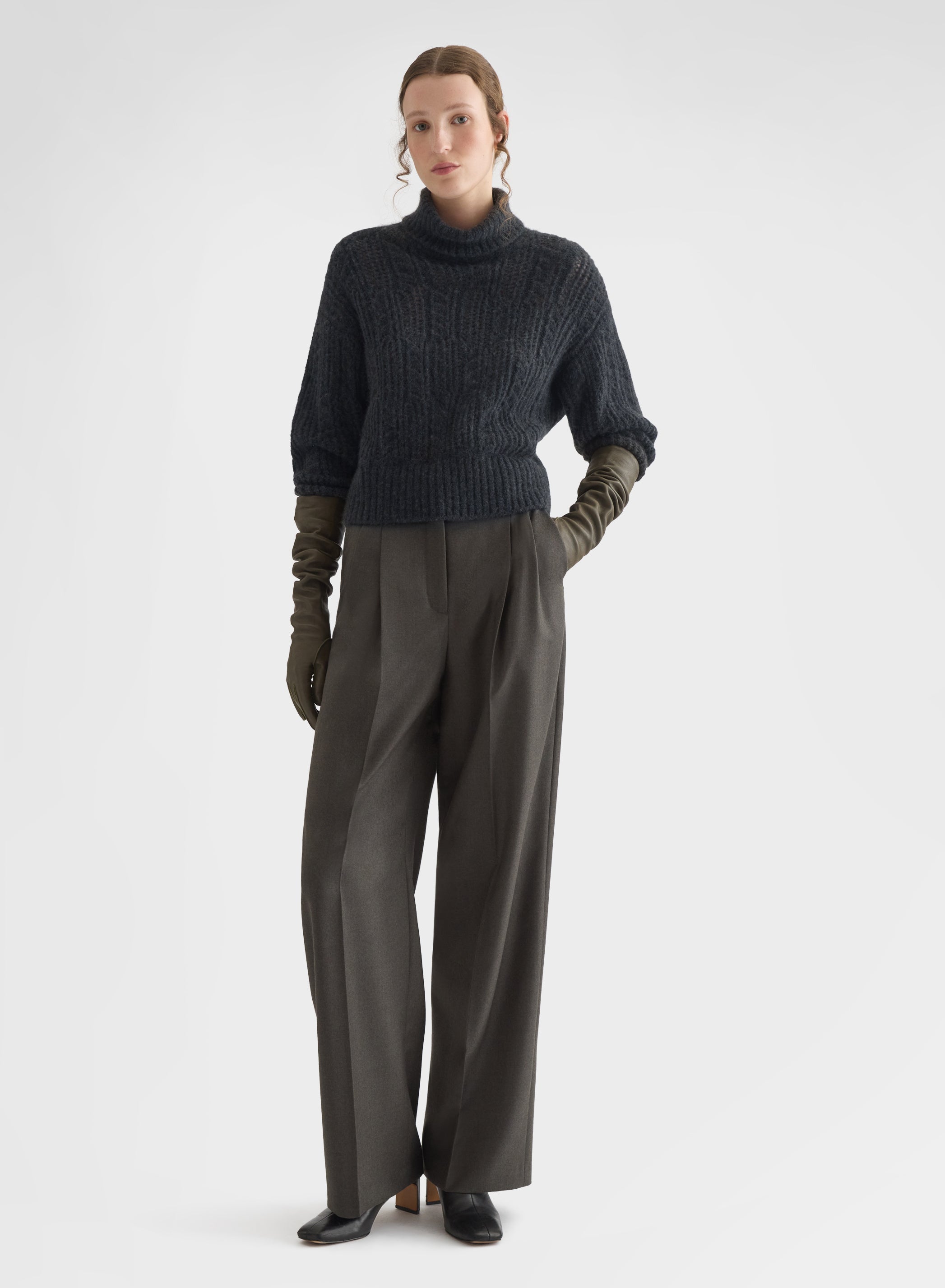 OPENWORK CASHMERE SILK TURTLENECK CHARCOAL