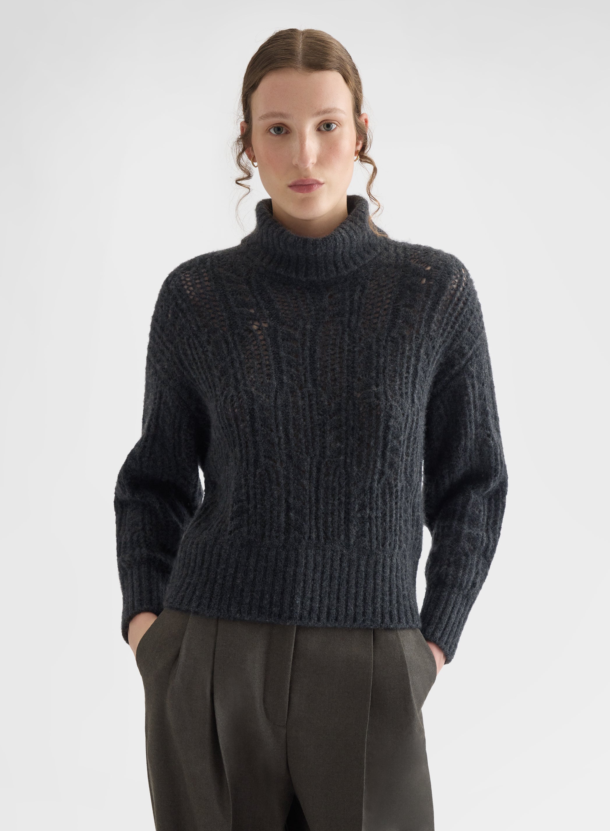 OPENWORK CASHMERE SILK TURTLENECK CHARCOAL