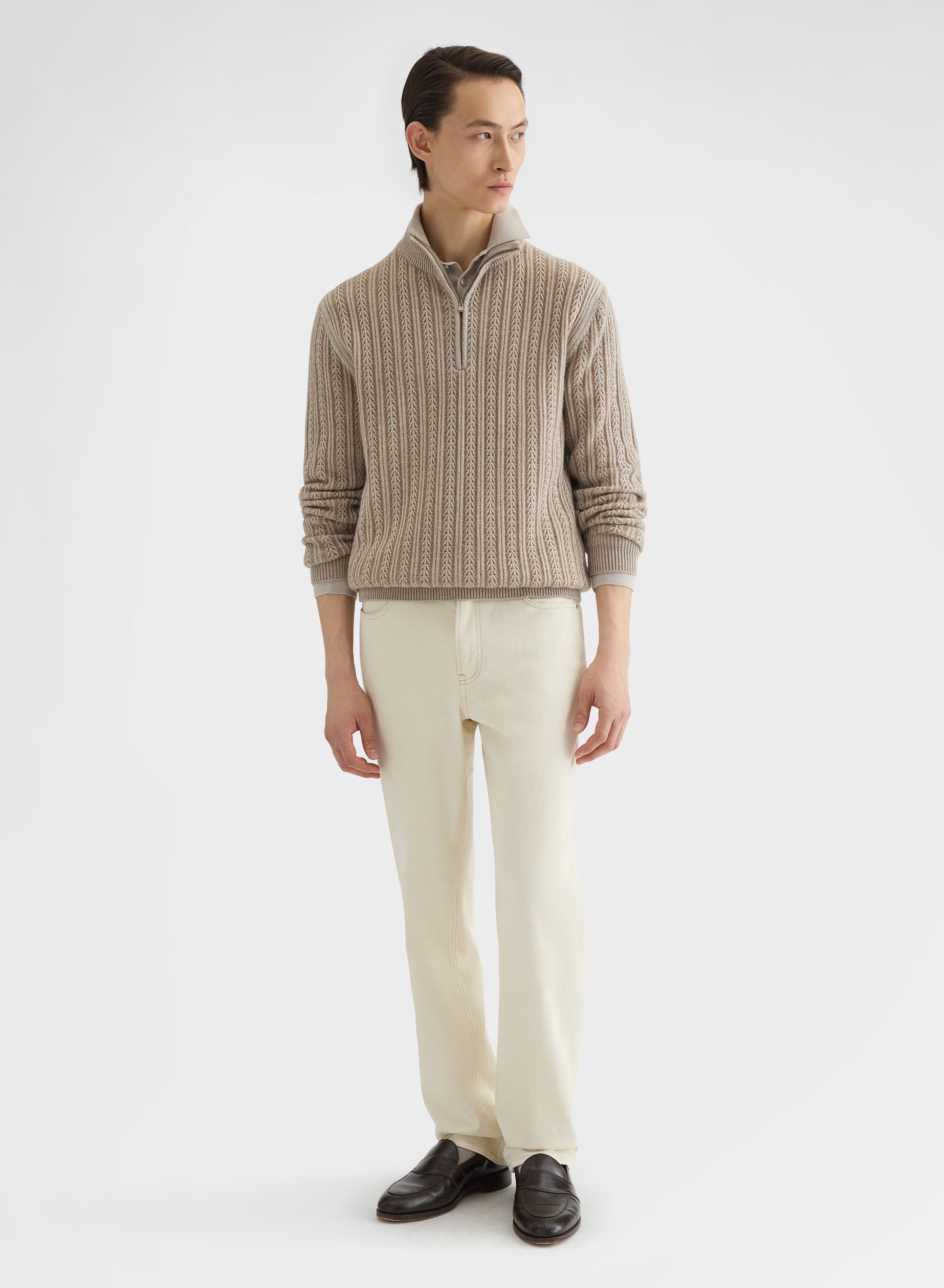 CASHMERE WOOL SILK CABLE HIGH NECK SWEATER