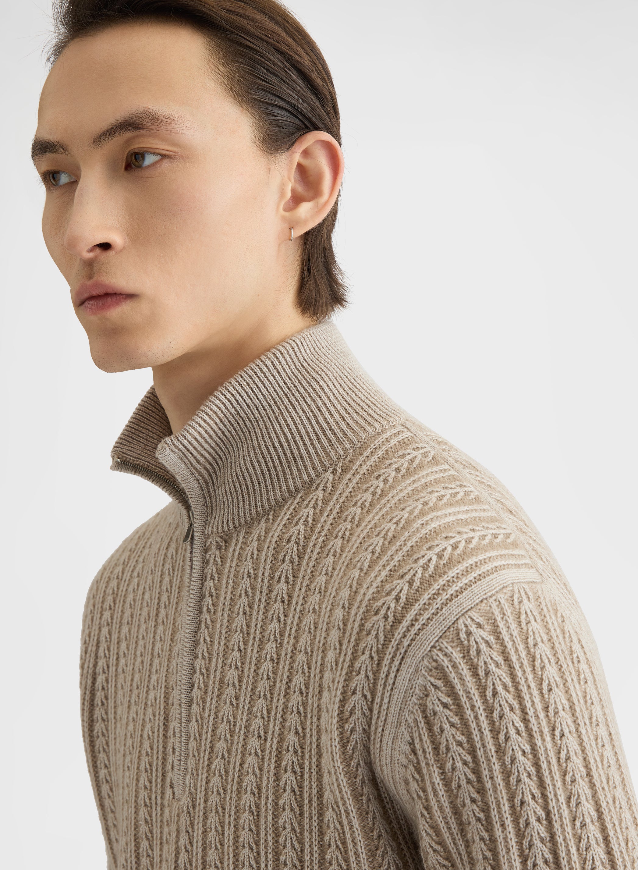 CASHMERE WOOL SILK CABLE HIGH NECK SWEATER