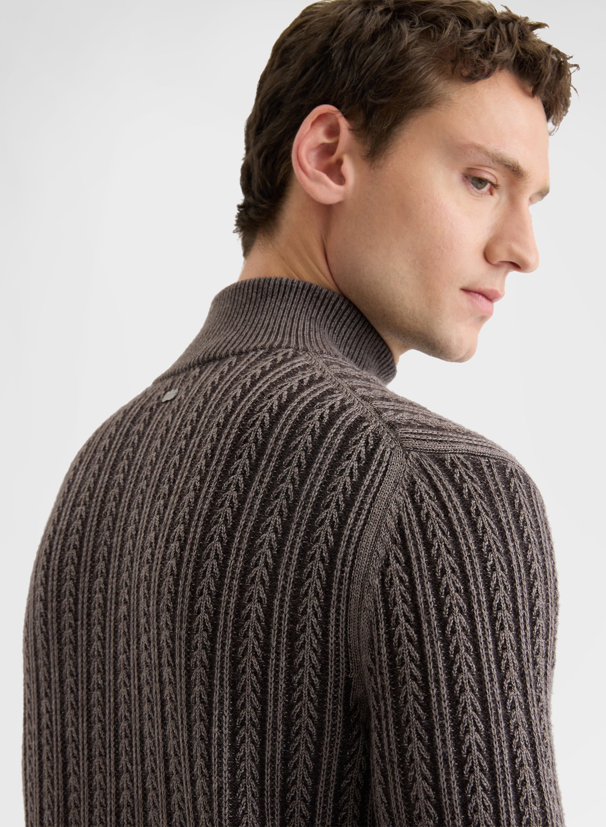 CASHMERE WOOL SILK CABLE HIGH NECK SWEATER