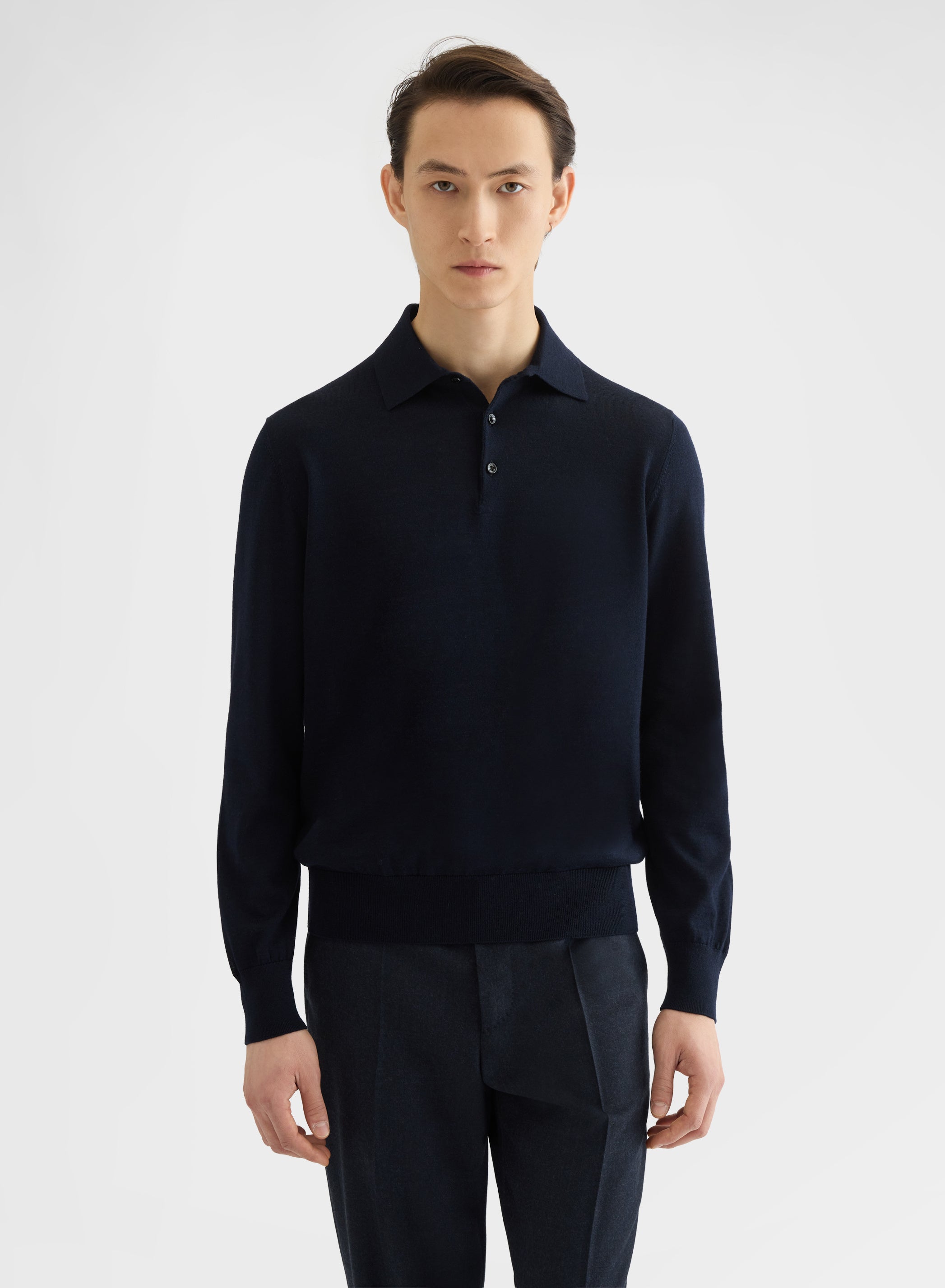 FINE WOOL SILK CASHMERE LONG SLEEVE POLO NIGHT