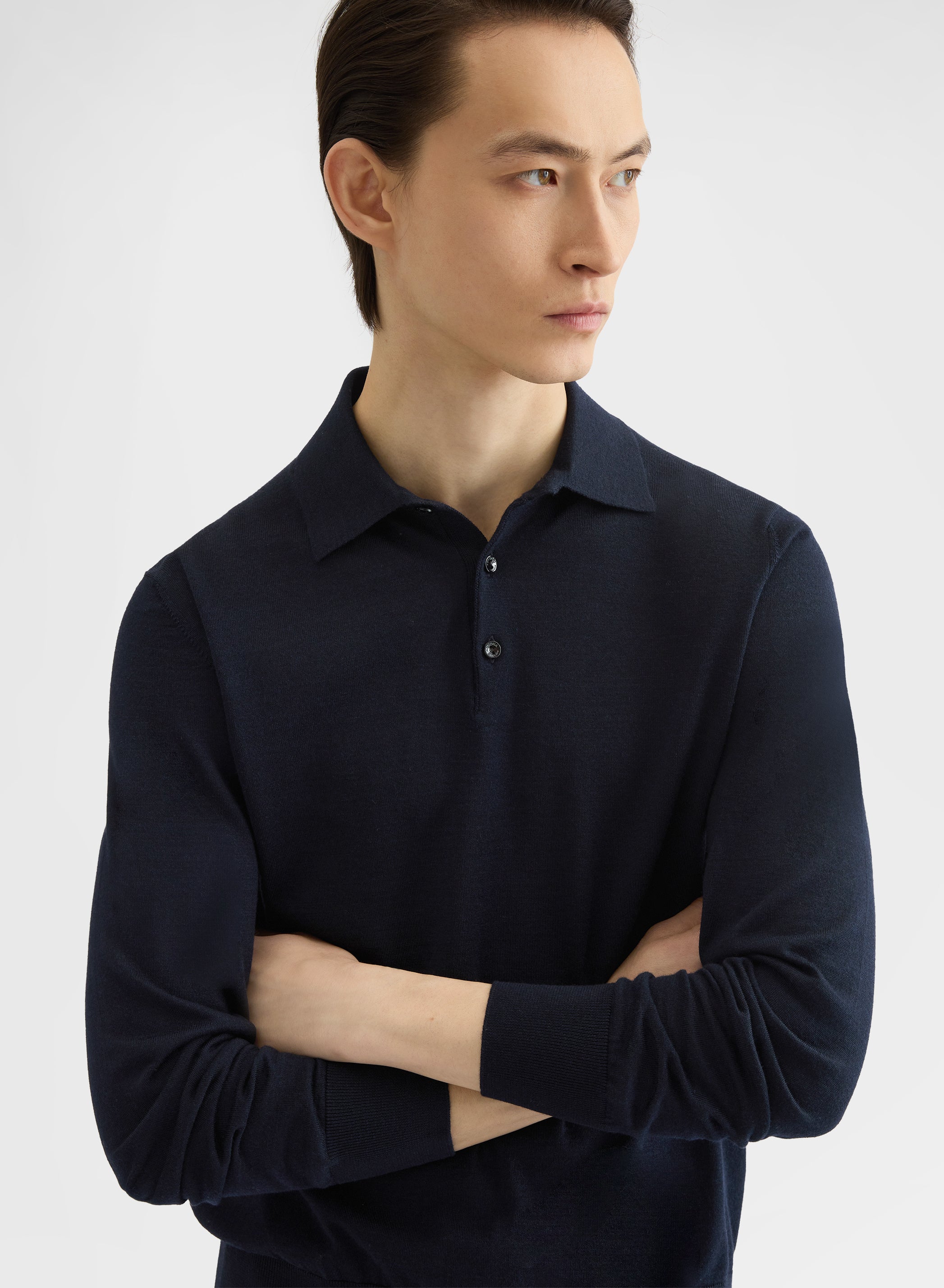 FINE WOOL SILK CASHMERE LONG SLEEVE POLO NIGHT
