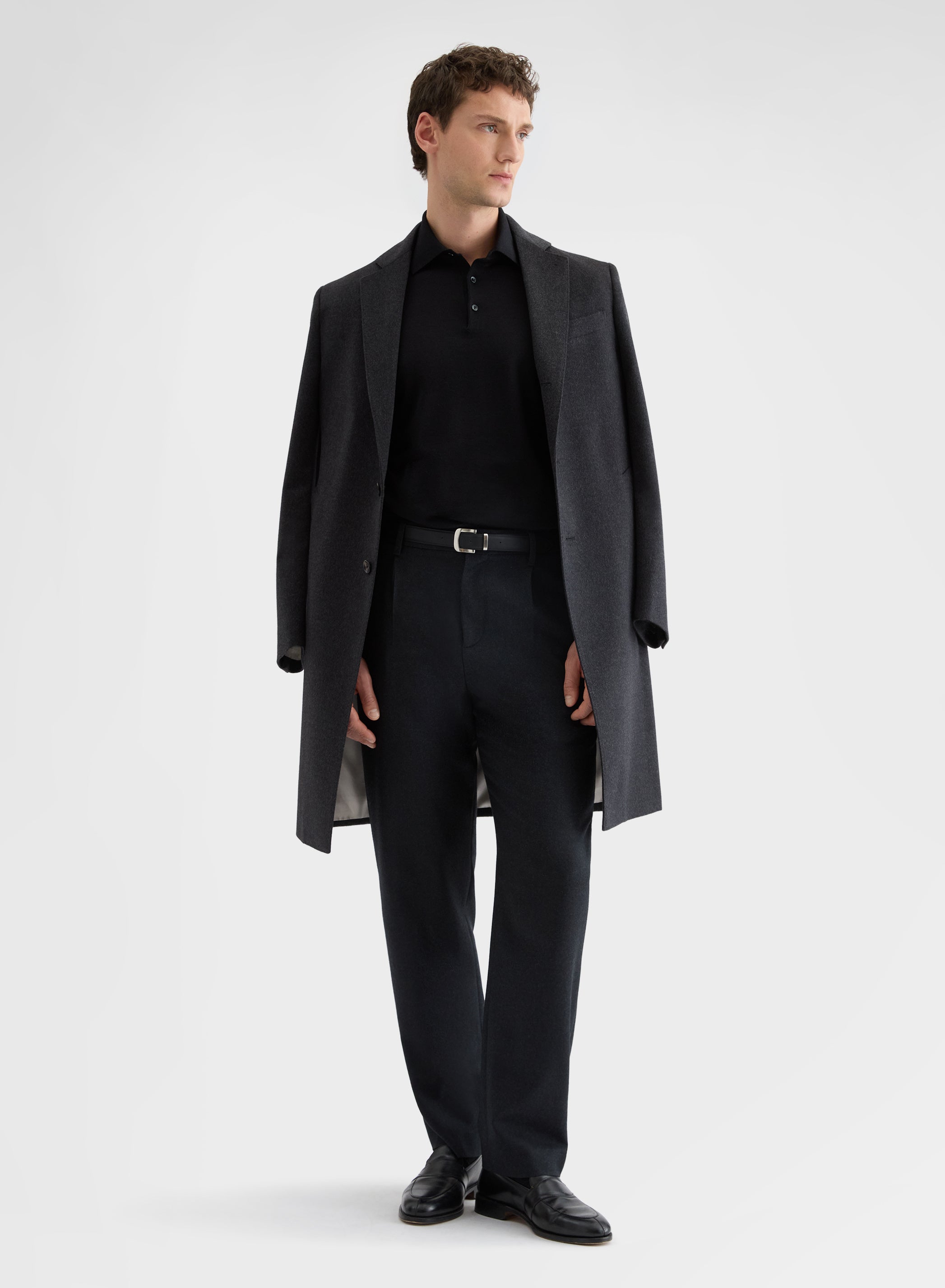 FINE WOOL SILK CASHMERE LONG SLEEVE POLO BLACK