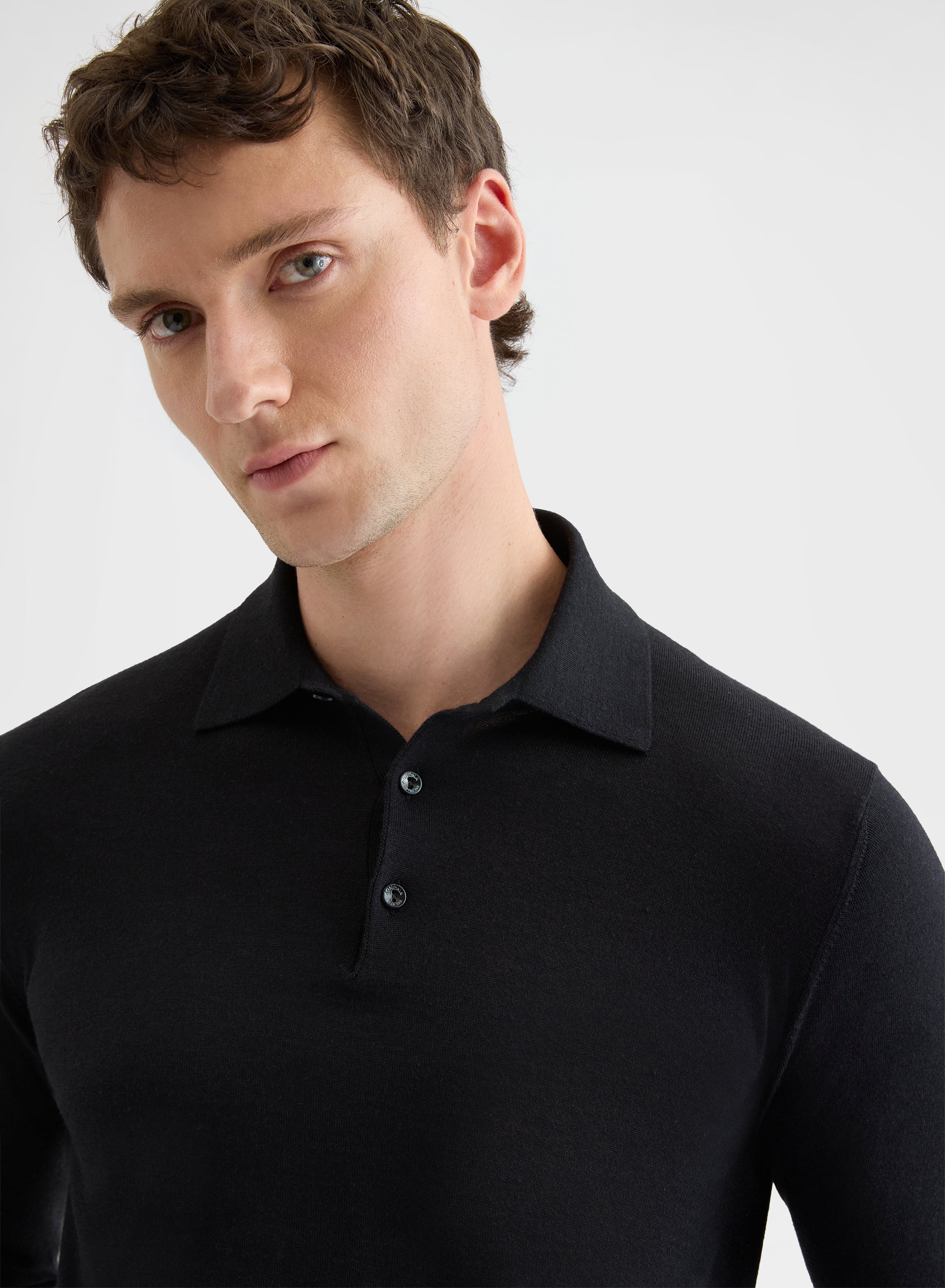 FINE WOOL SILK CASHMERE LONG SLEEVE POLO BLACK